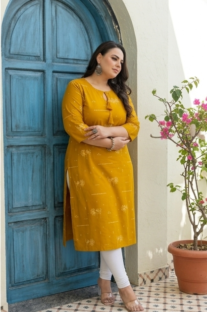 Mustard Yellow Folk Motif Cotton KurtI