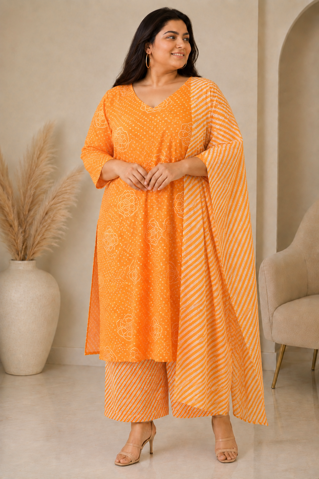 Orange Bandhani Grace Kurta Palazzo Set