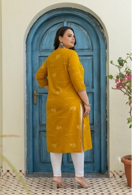 Mustard Yellow Folk Motif Cotton KurtI
