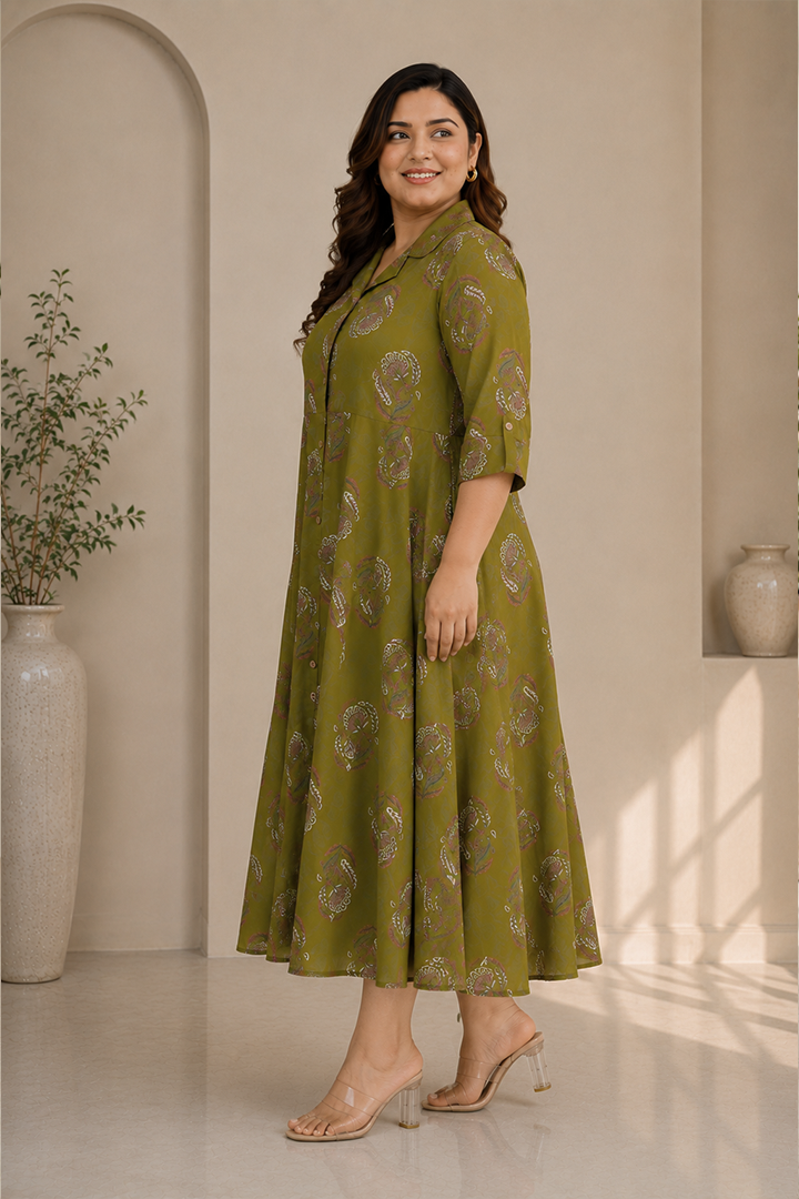 Olive Paisley Grace Flared Dress