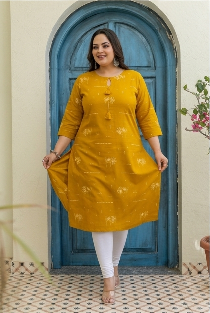 Mustard Yellow Folk Motif Cotton KurtI