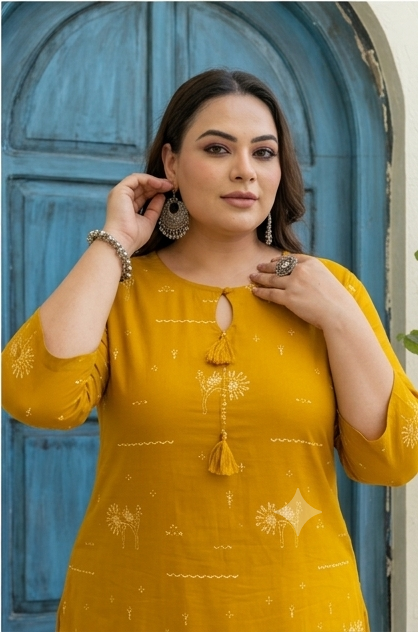 Mustard Yellow Folk Motif Cotton KurtI