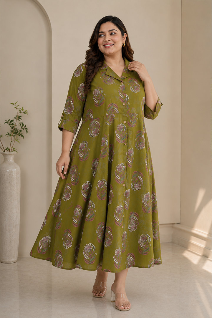 Olive Paisley Grace Flared Dress