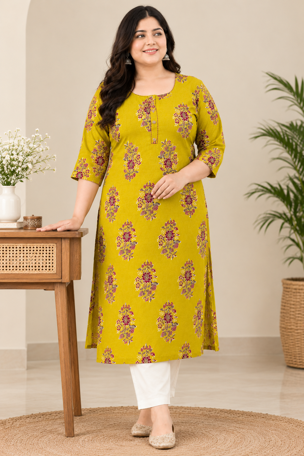 Mustard Floral Print Pure Cotton Long Kurti