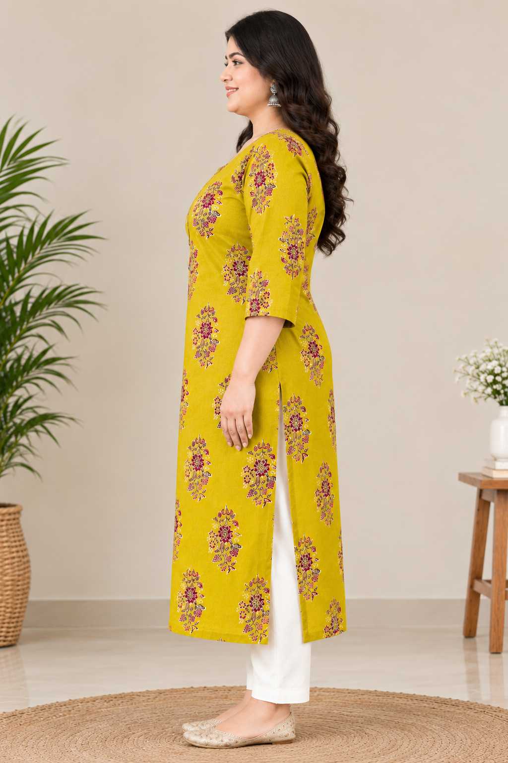 Mustard Floral Print Pure Cotton Long Kurti
