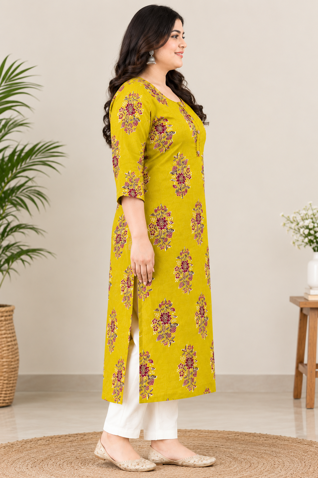 Mustard Floral Print Pure Cotton Long Kurti