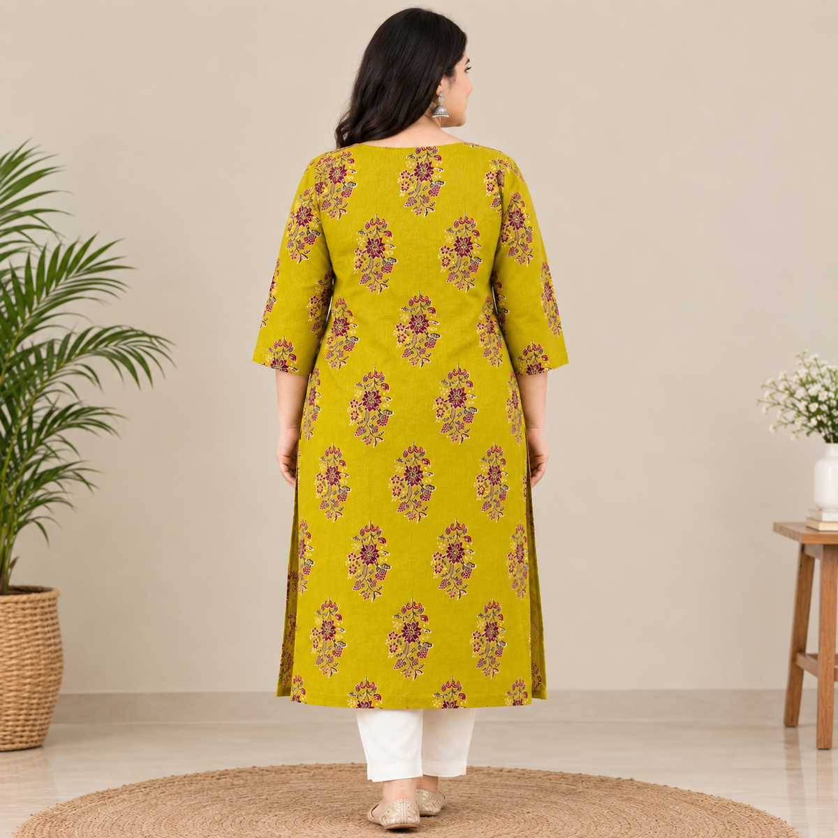 Mustard Floral Print Pure Cotton Long Kurti