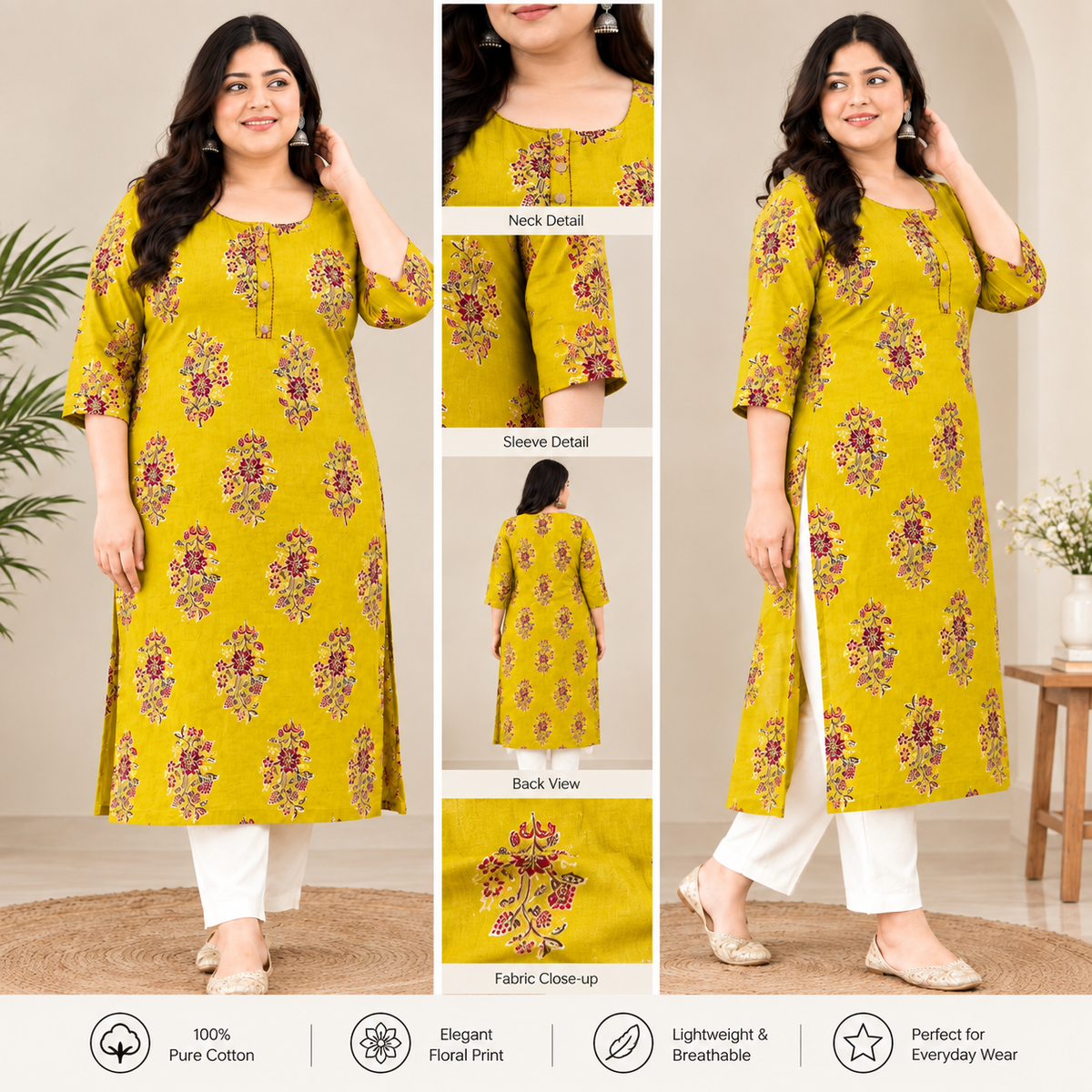 Mustard Floral Print Pure Cotton Long Kurti