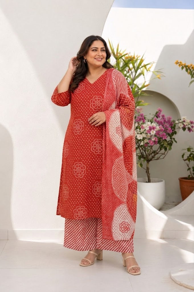 Red Bandhani Bloom Kurta Palazzo Set