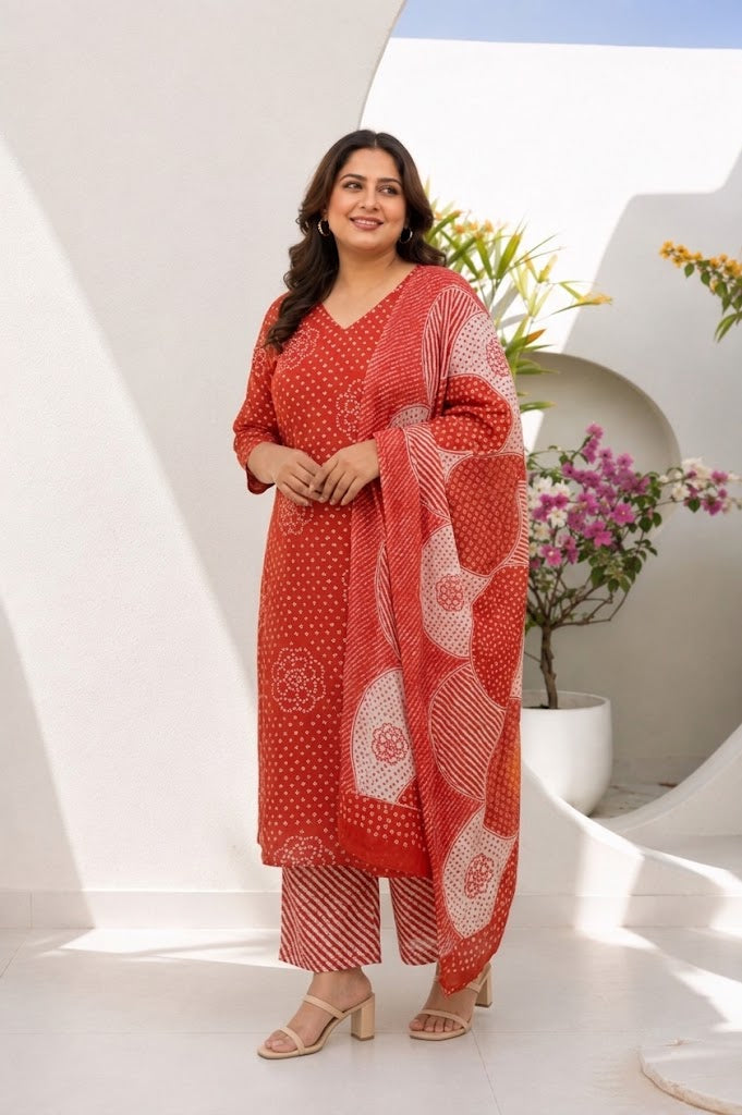 Red Bandhani Bloom Kurta Palazzo Set
