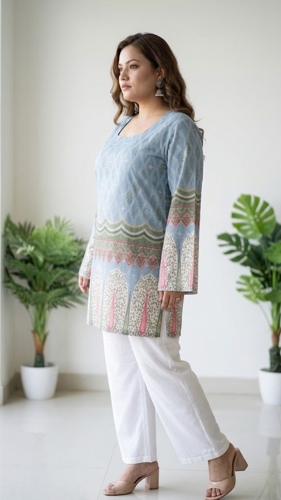 Sky Blue Dori Elegance Pure Cotton Short Top