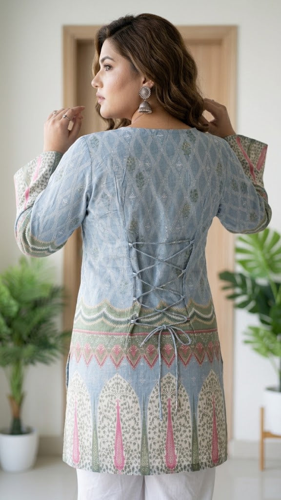 Sky Blue Dori Elegance Pure Cotton Short Top