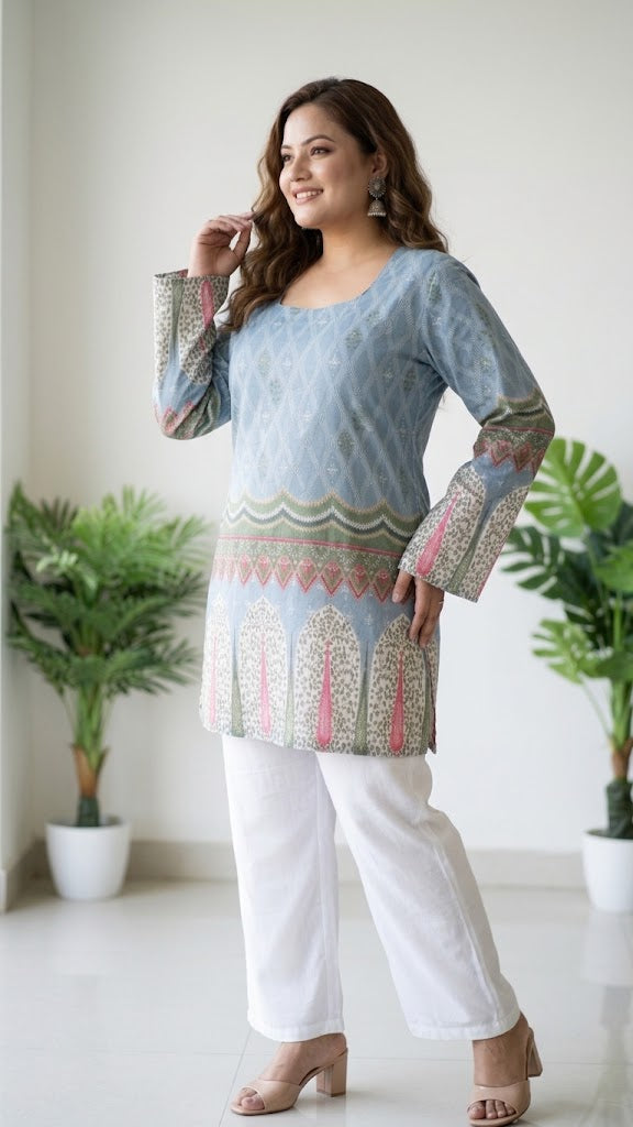 Sky Blue Dori Elegance Pure Cotton Short Top