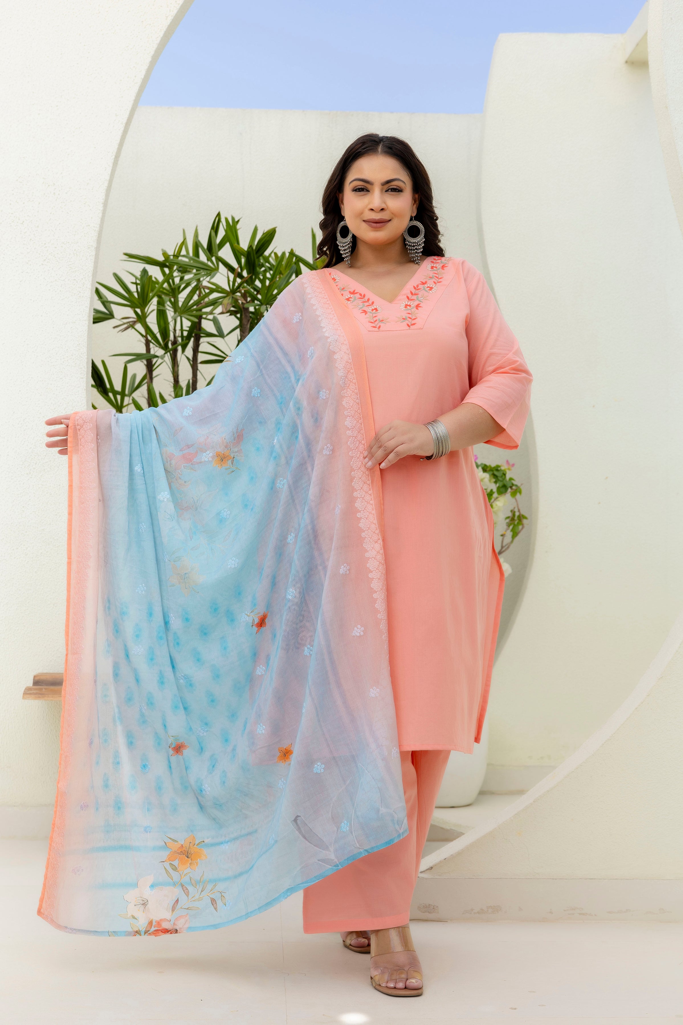 Light Orange Peach Kurta Set with Dupatta