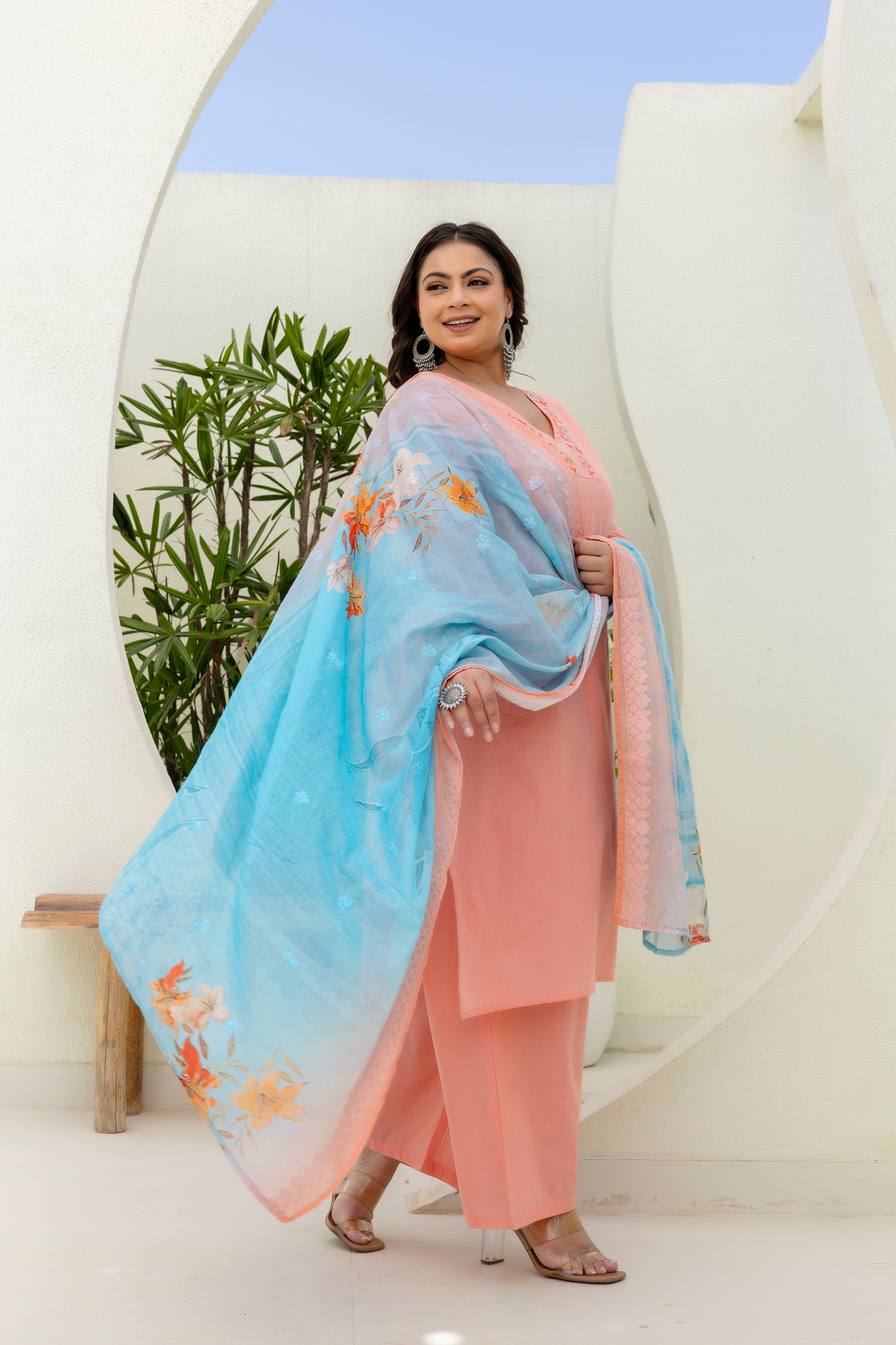 Light Orange Peach Kurta Set with Dupatta