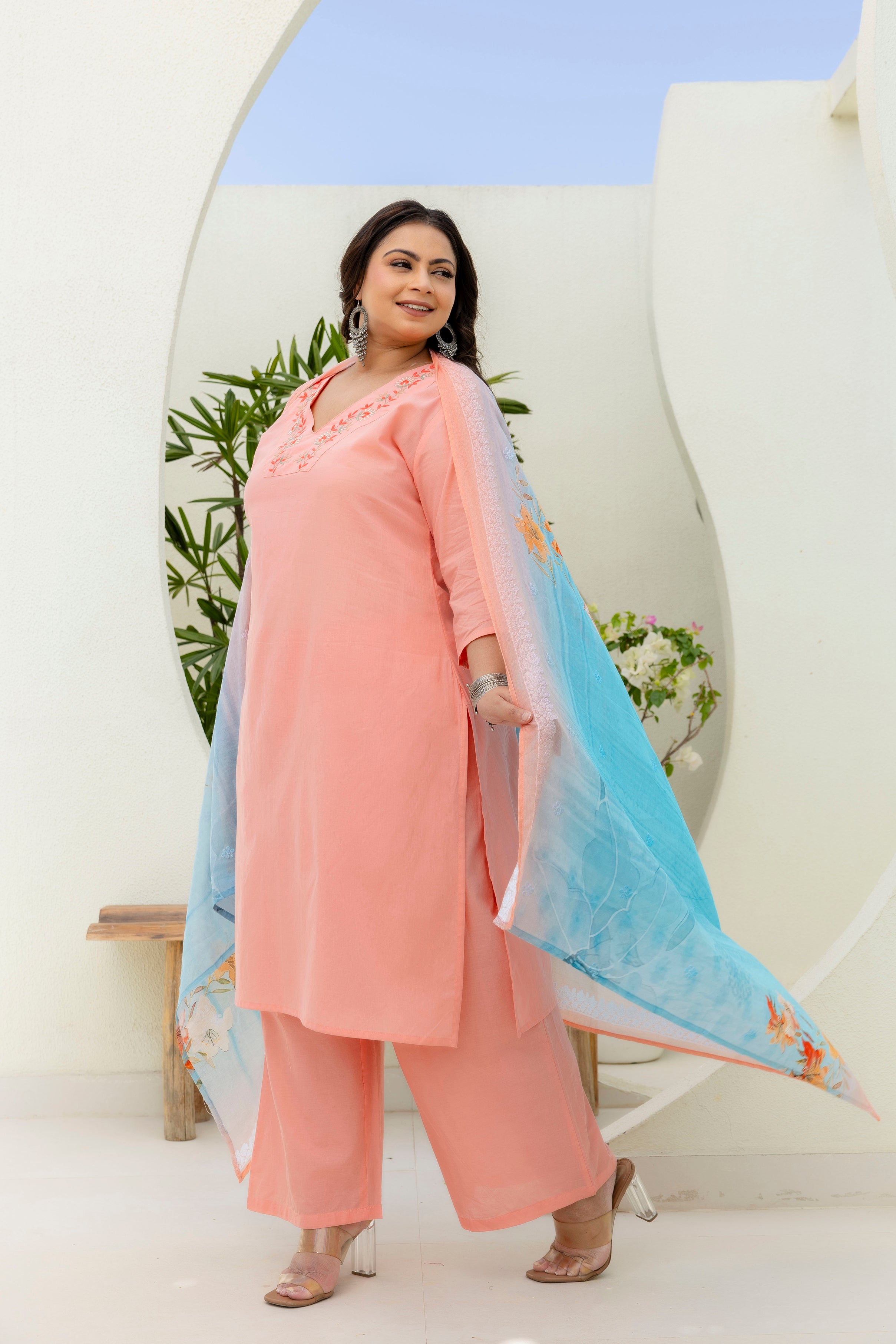 Light Orange Peach Kurta Set with Dupatta