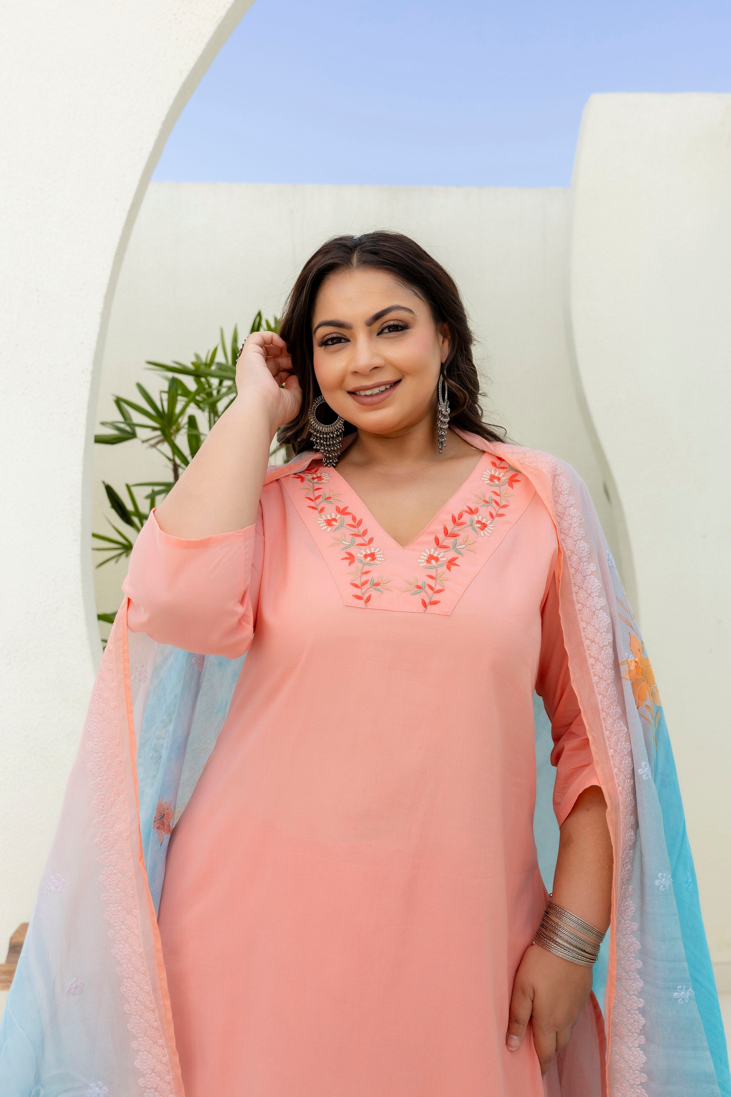 Light Orange Peach Kurta Set with Dupatta