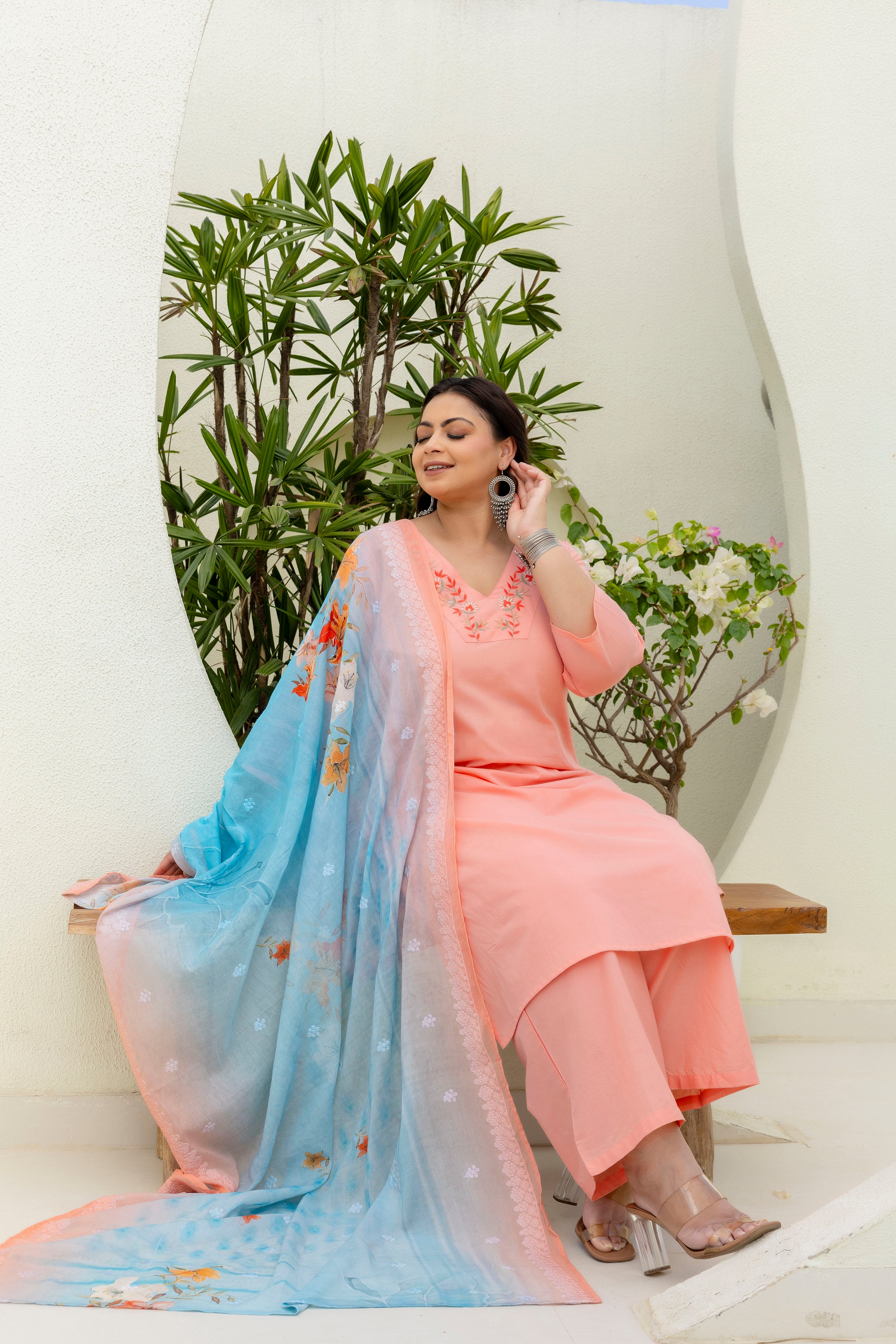 Light Orange Peach Kurta Set with Dupatta