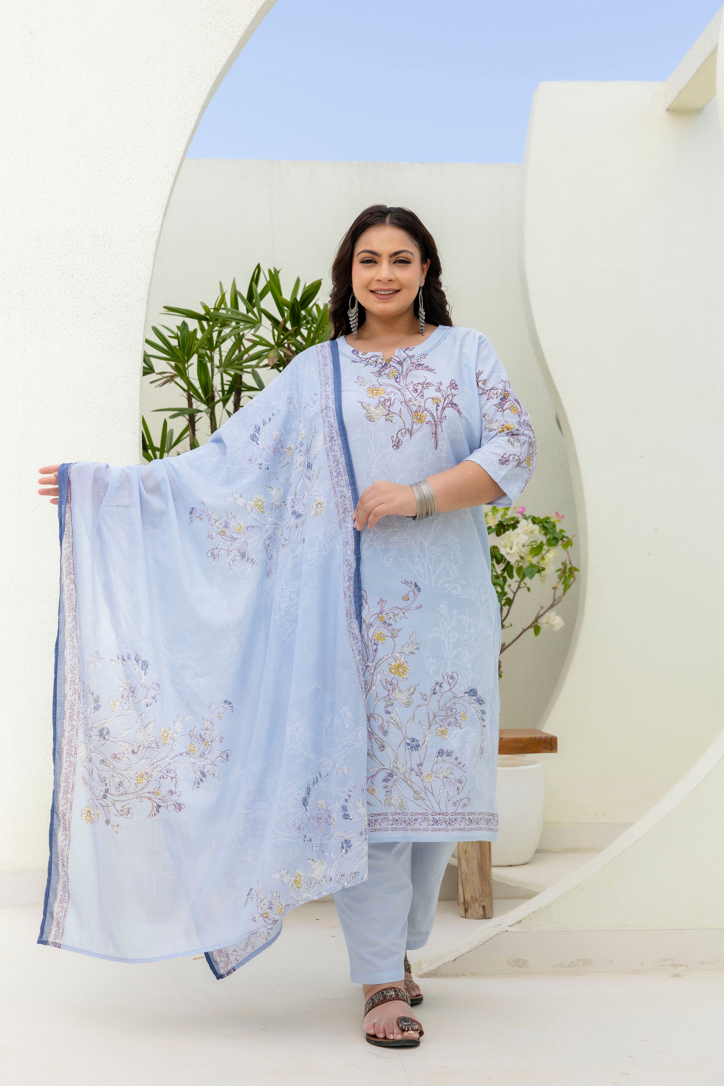 Blue Floral Kurta Set with Dupatta