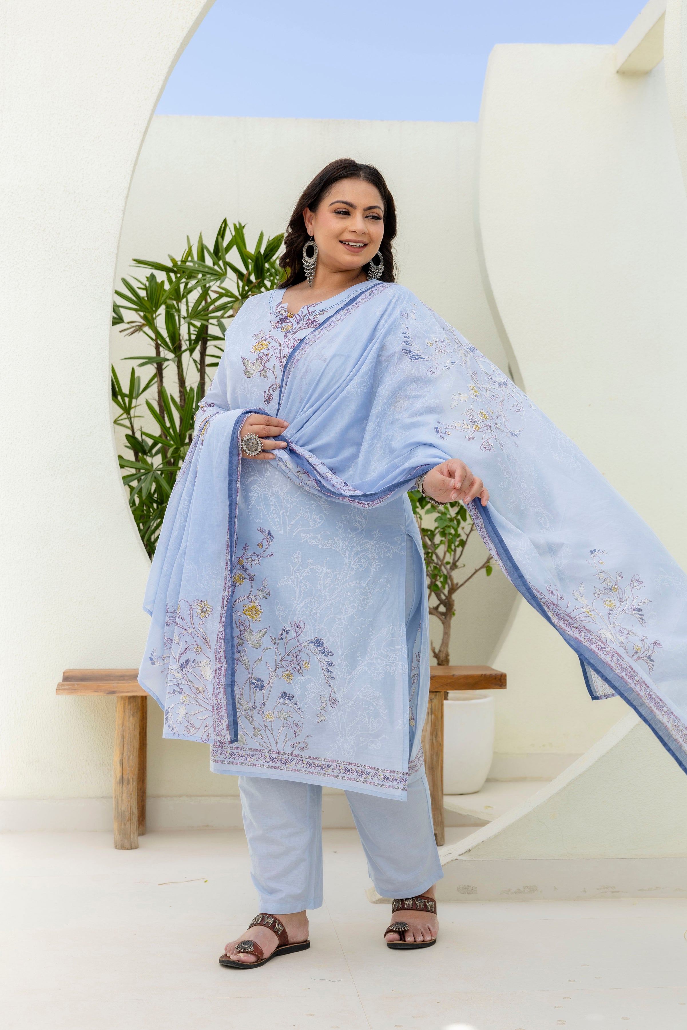Blue Floral Kurta Set with Dupatta