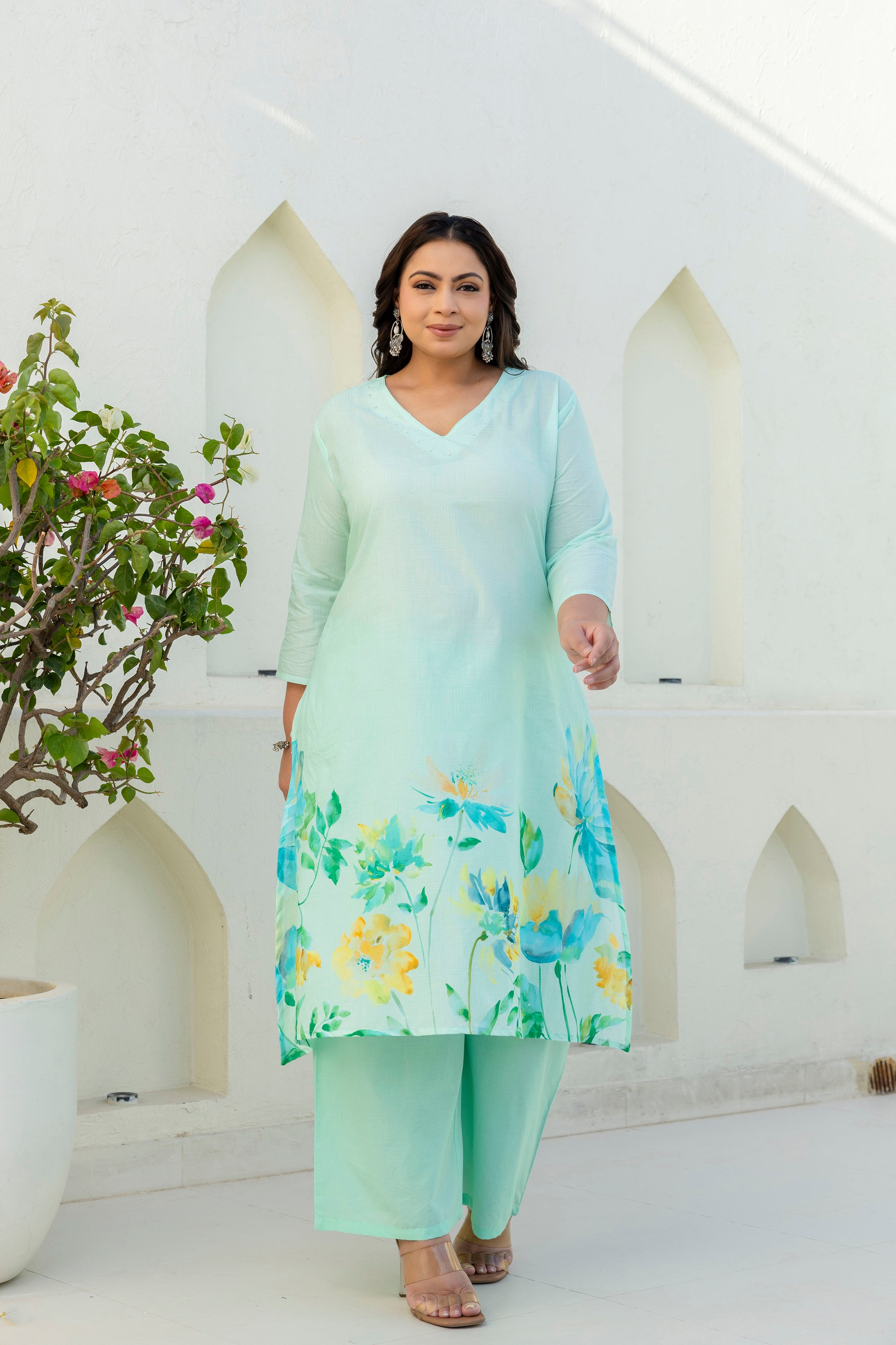 Mint Green Floral Kurta Palazzo Set