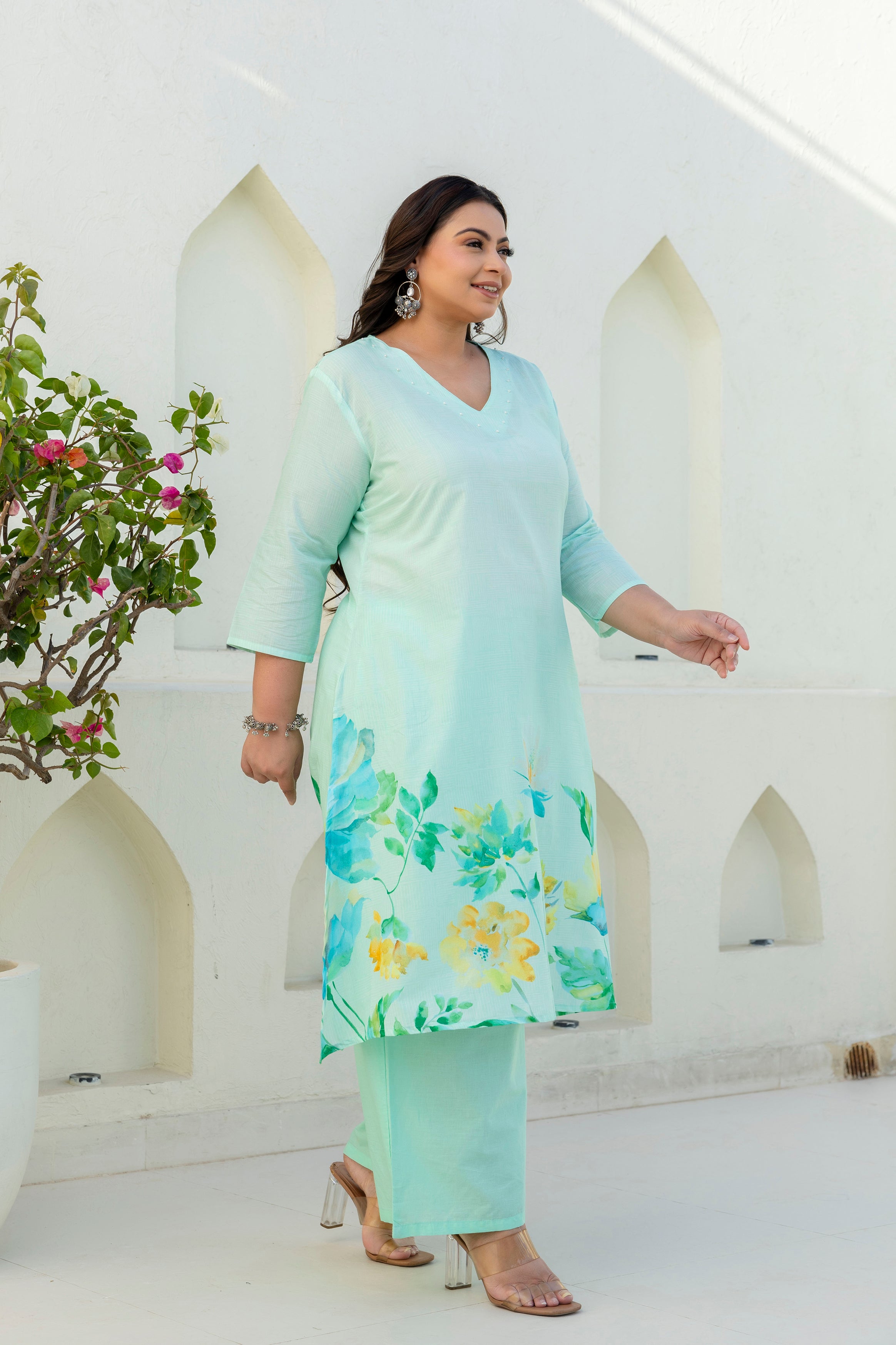 Mint Green Floral Kurta Palazzo Set