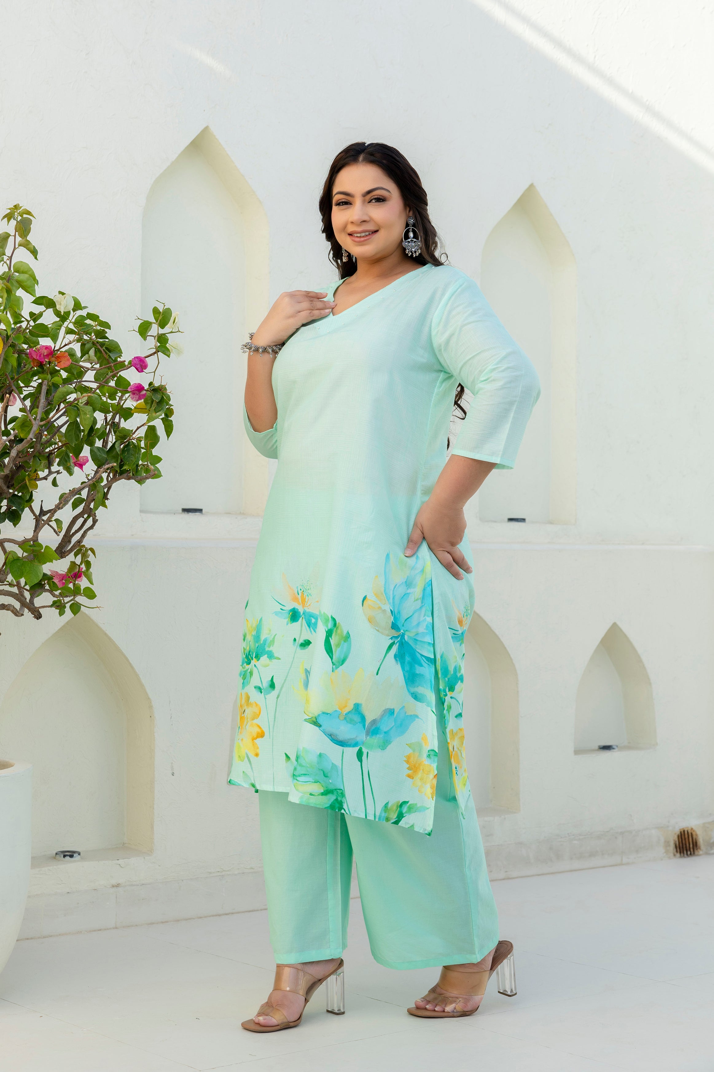 Mint Green Floral Kurta Palazzo Set