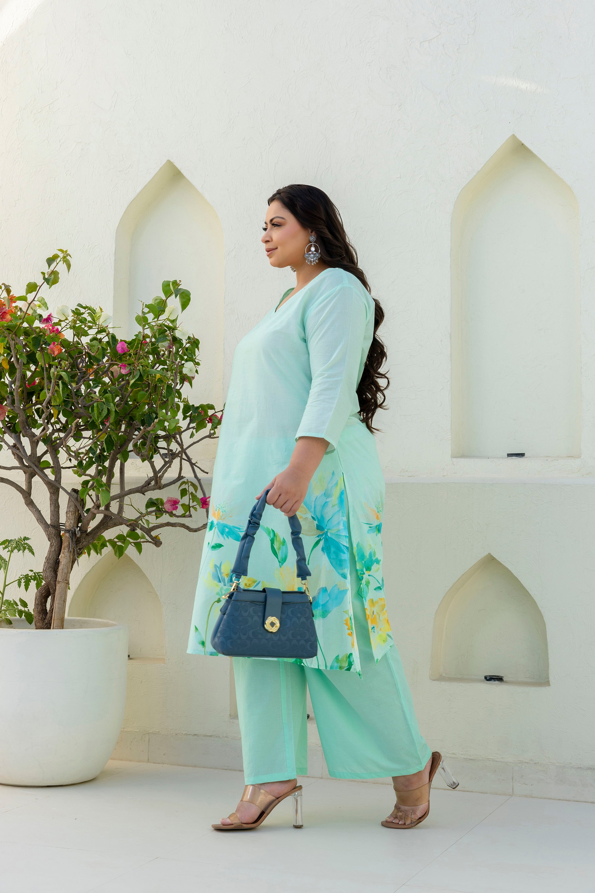 Mint Green Floral Kurta Palazzo Set