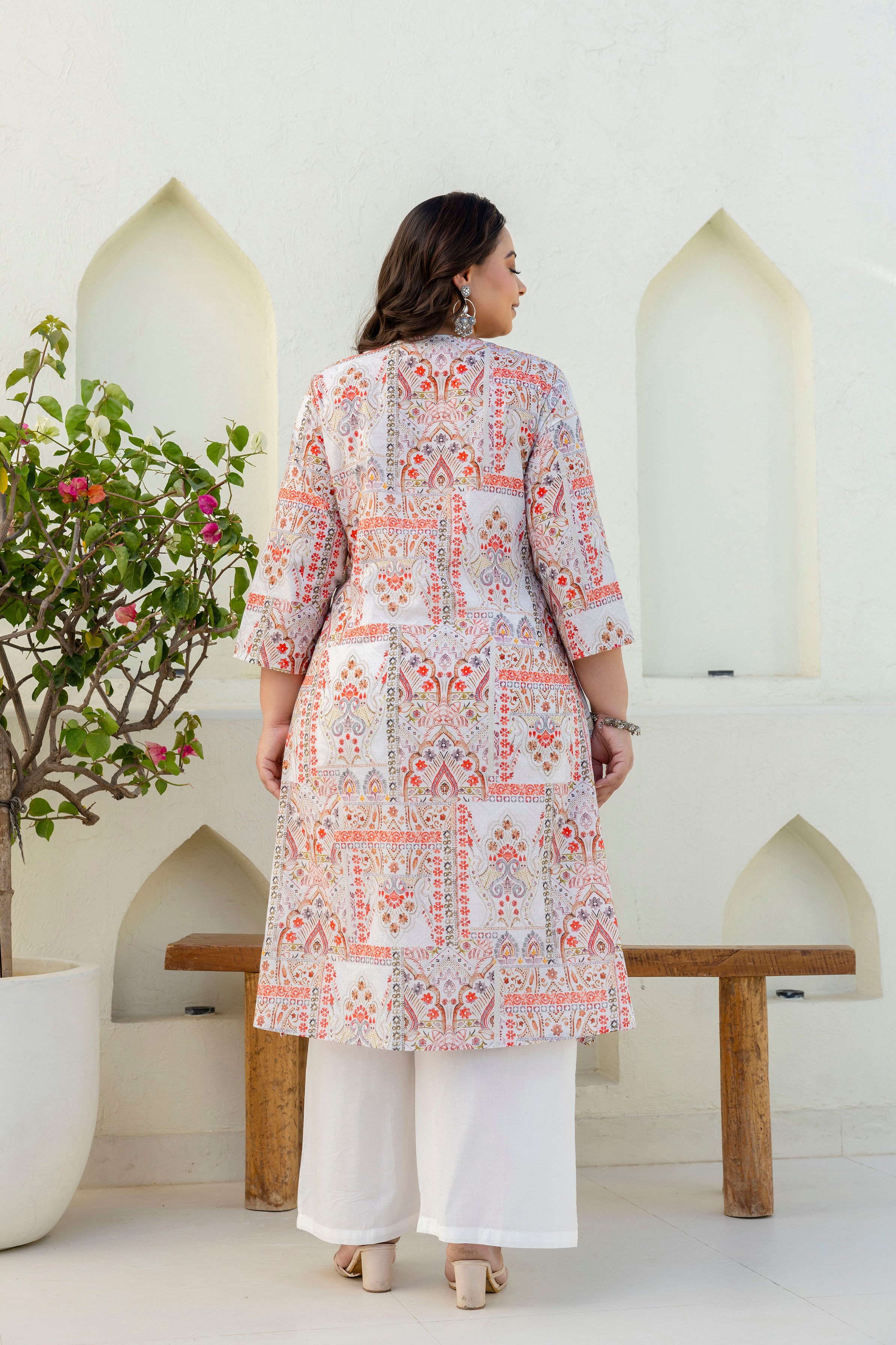 Off-White & Coral Printed Kurta Palazzo Set