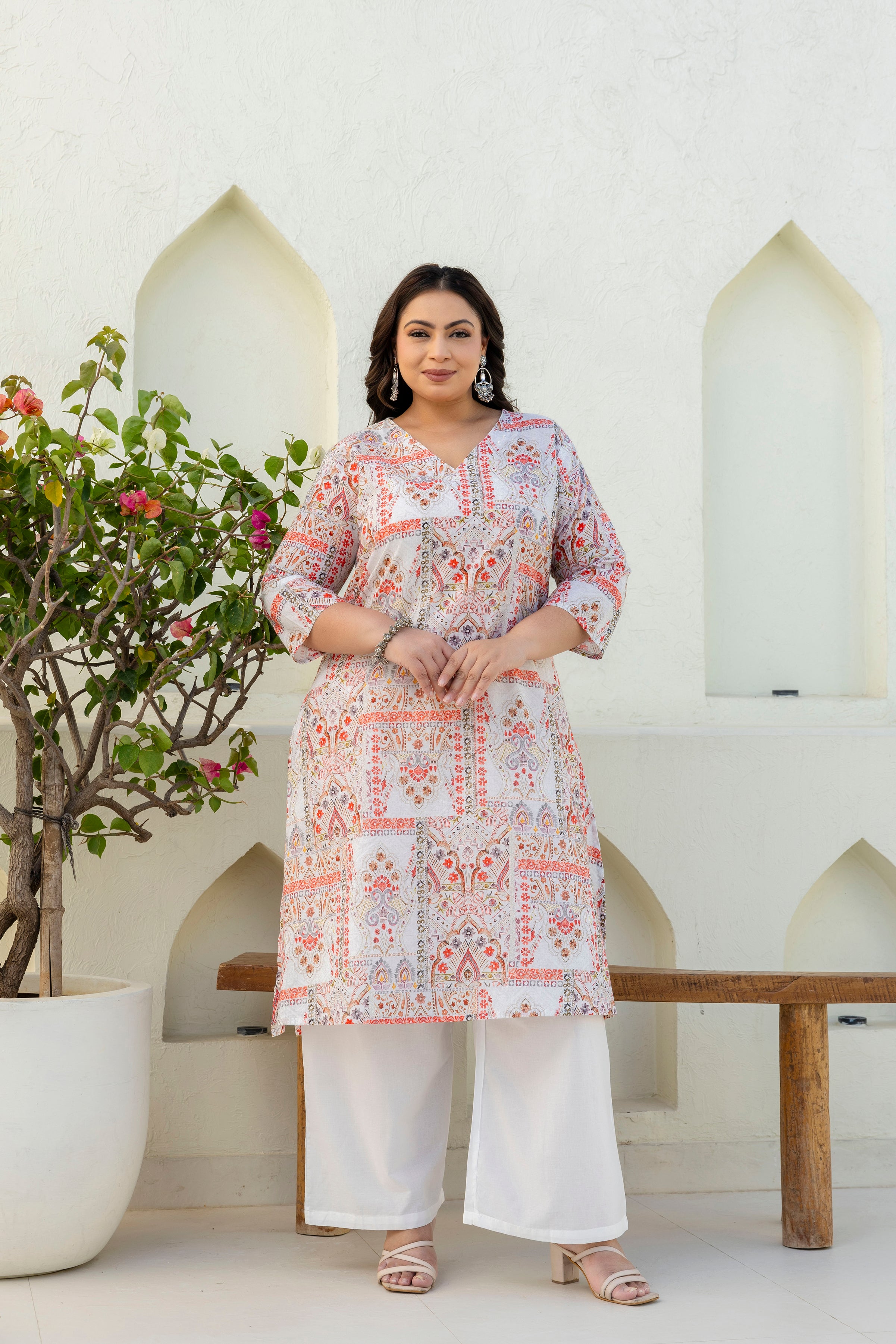Off-White & Coral Printed Kurta Palazzo Set
