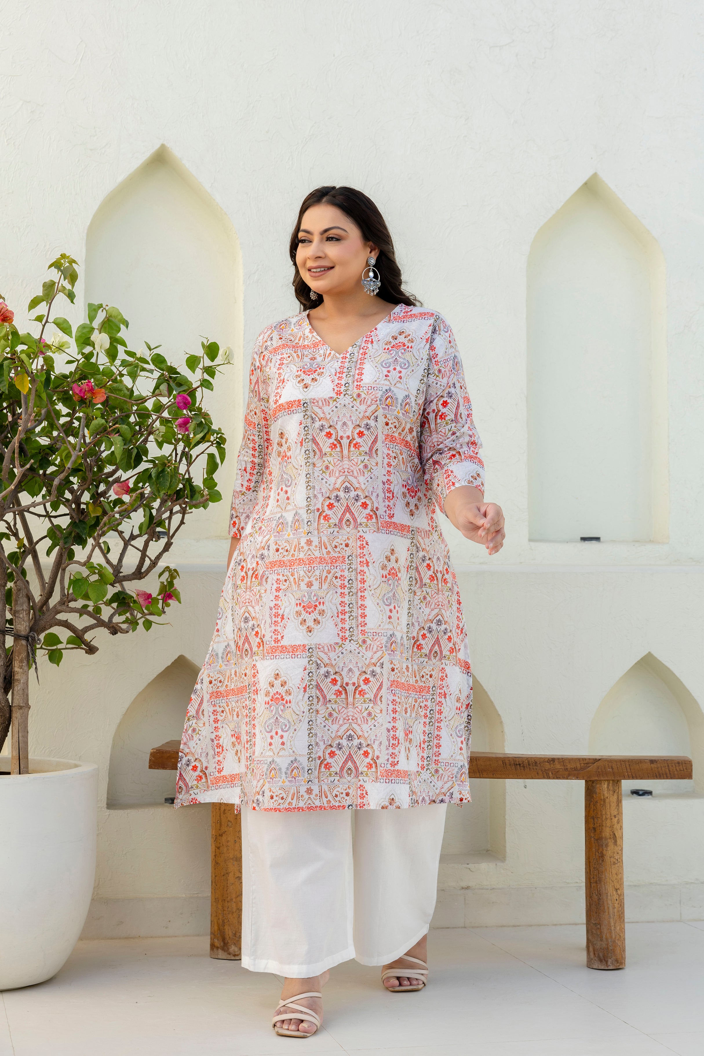 Off-White & Coral Printed Kurta Palazzo Set