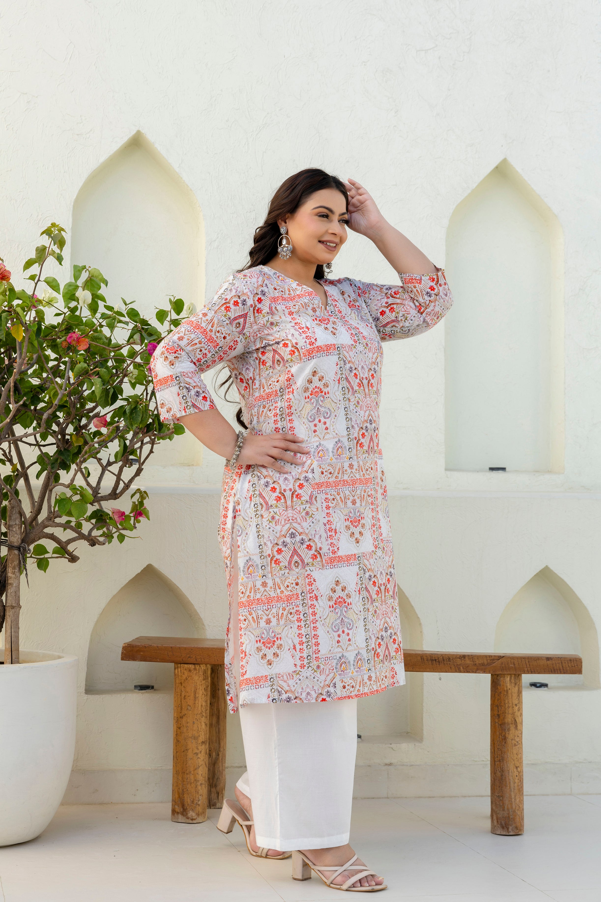 Off-White & Coral Printed Kurta Palazzo Set
