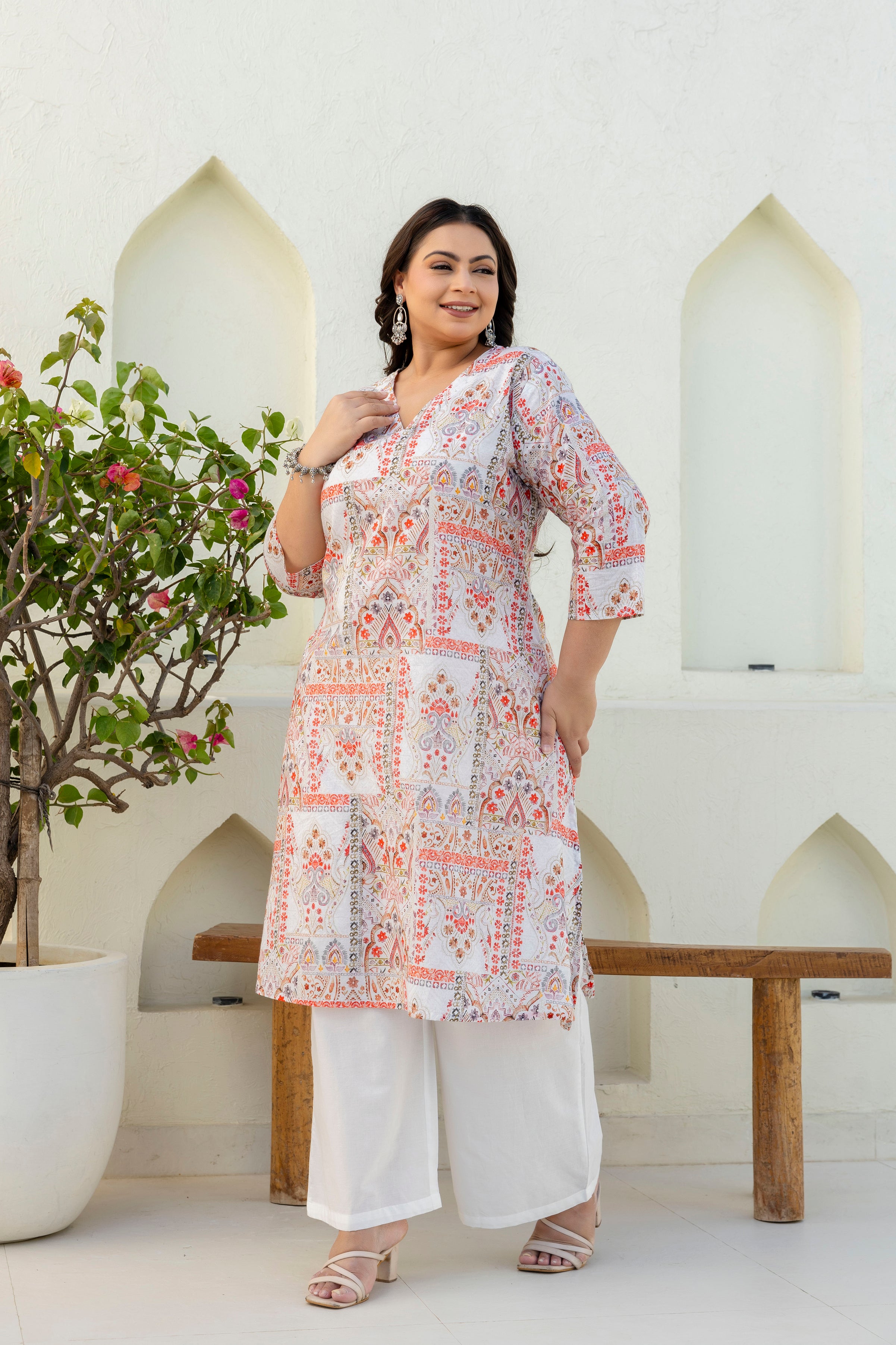 Off-White & Coral Printed Kurta Palazzo Set