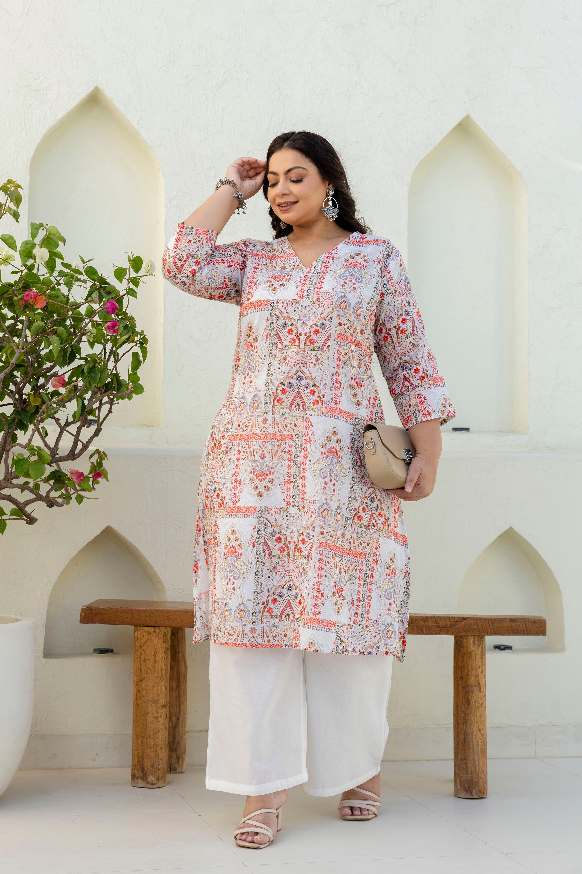 Off-White & Coral Printed Kurta Palazzo Set