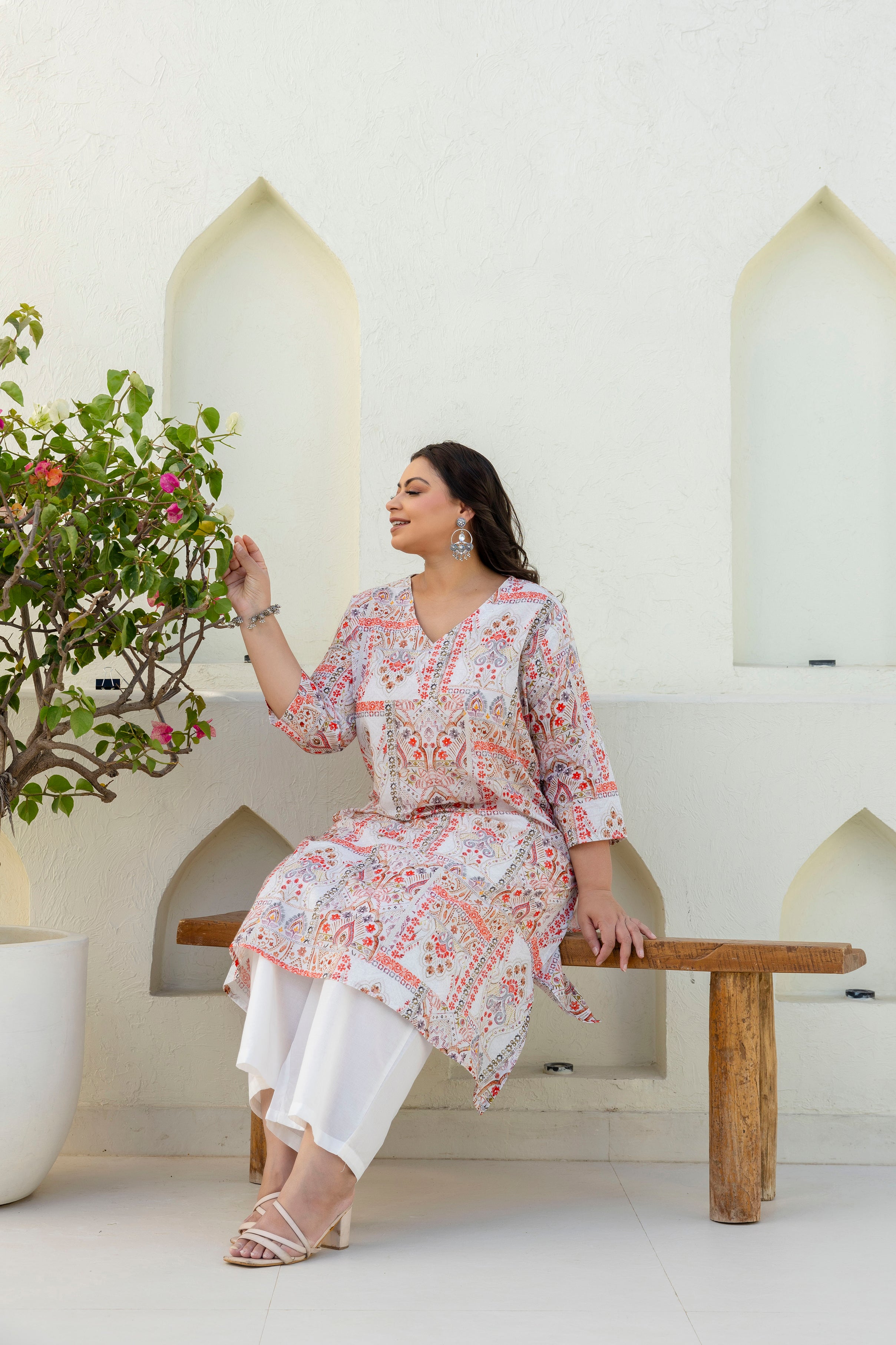 Off-White & Coral Printed Kurta Palazzo Set