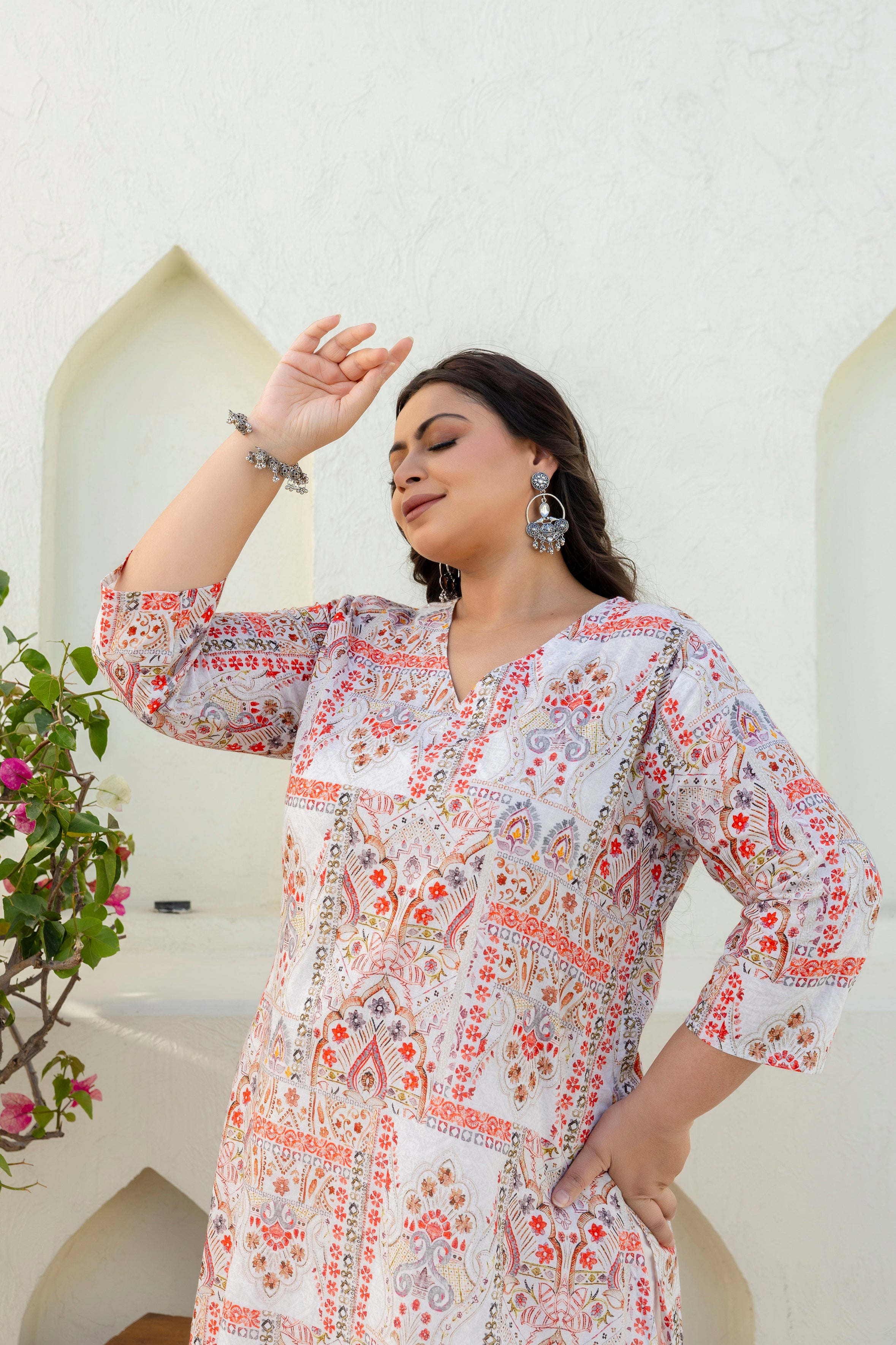 Off-White & Coral Printed Kurta Palazzo Set