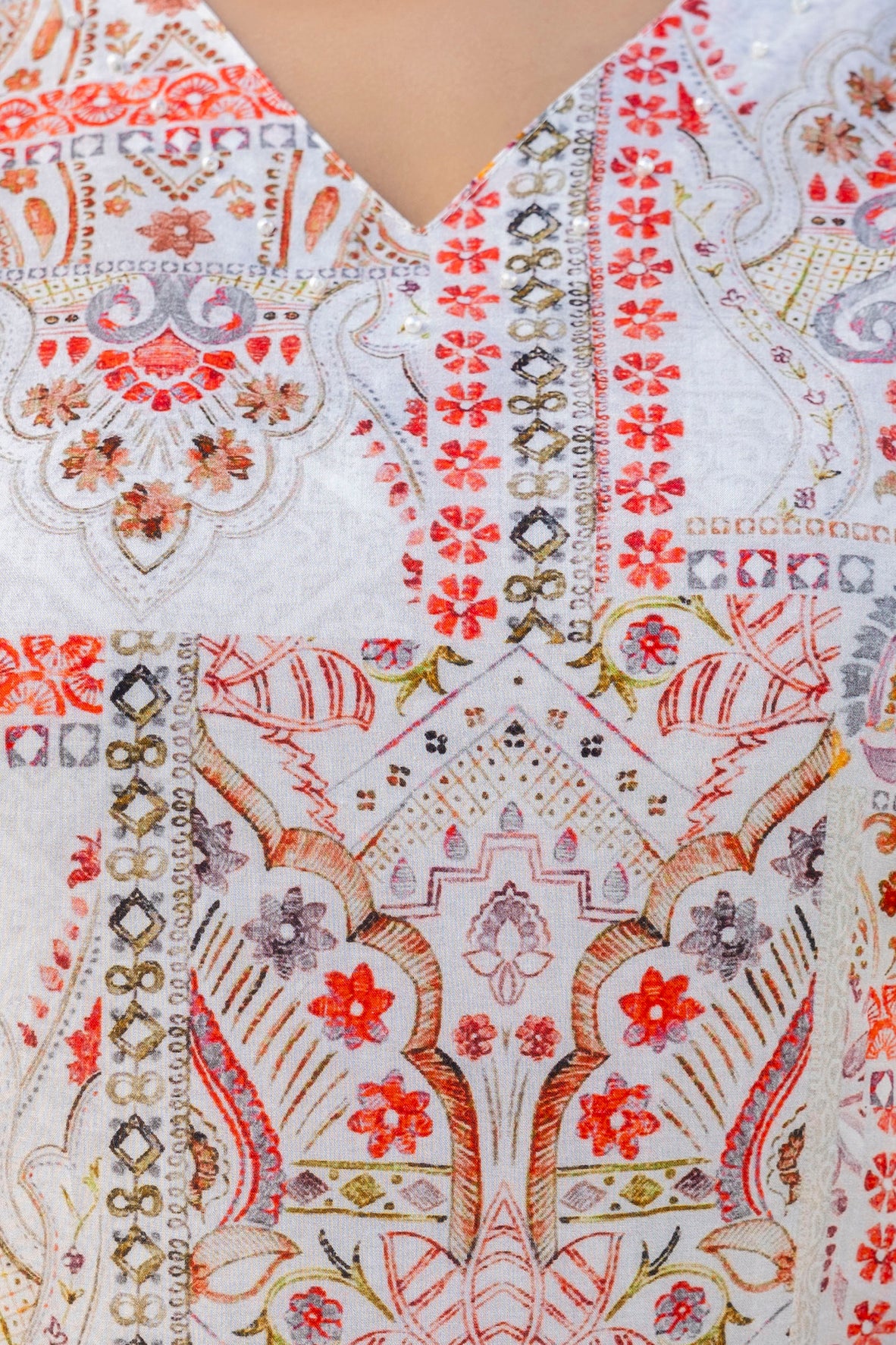 Off-White & Coral Printed Kurta Palazzo Set