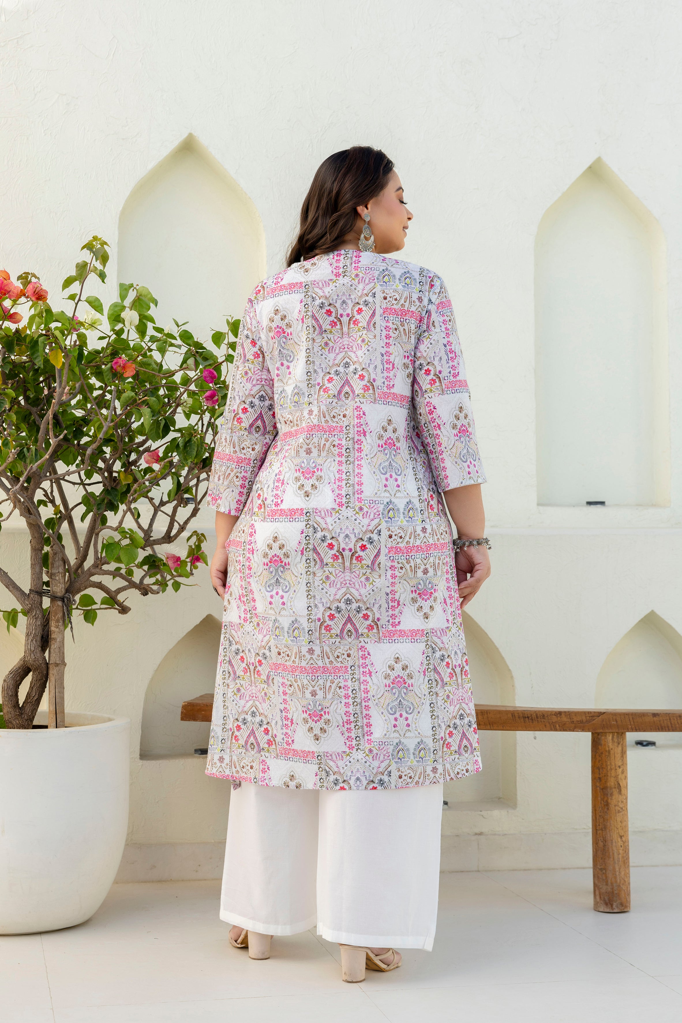 White & Pink Floral Printed Kurta Palazzo Set