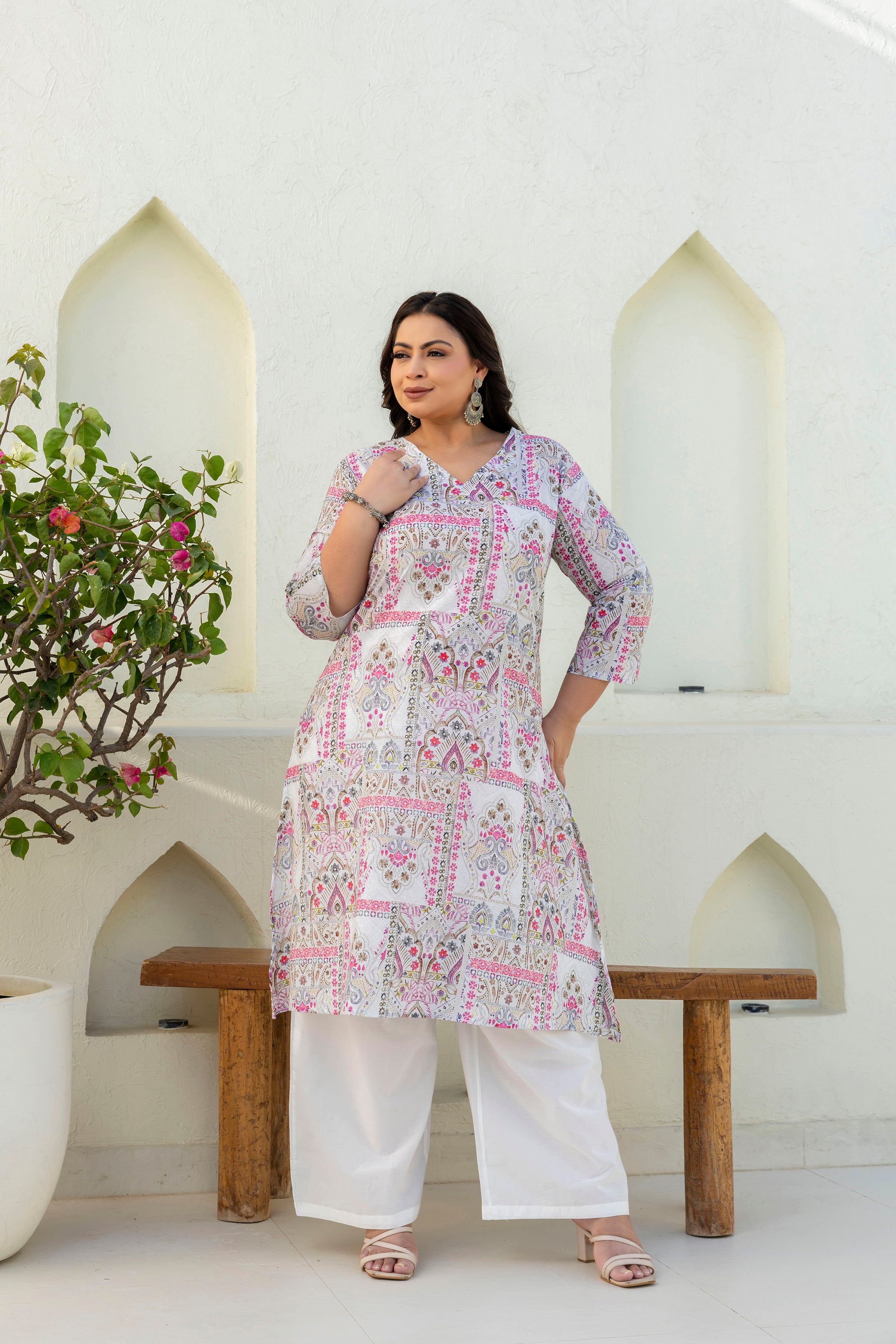 White & Pink Floral Printed Kurta Palazzo Set