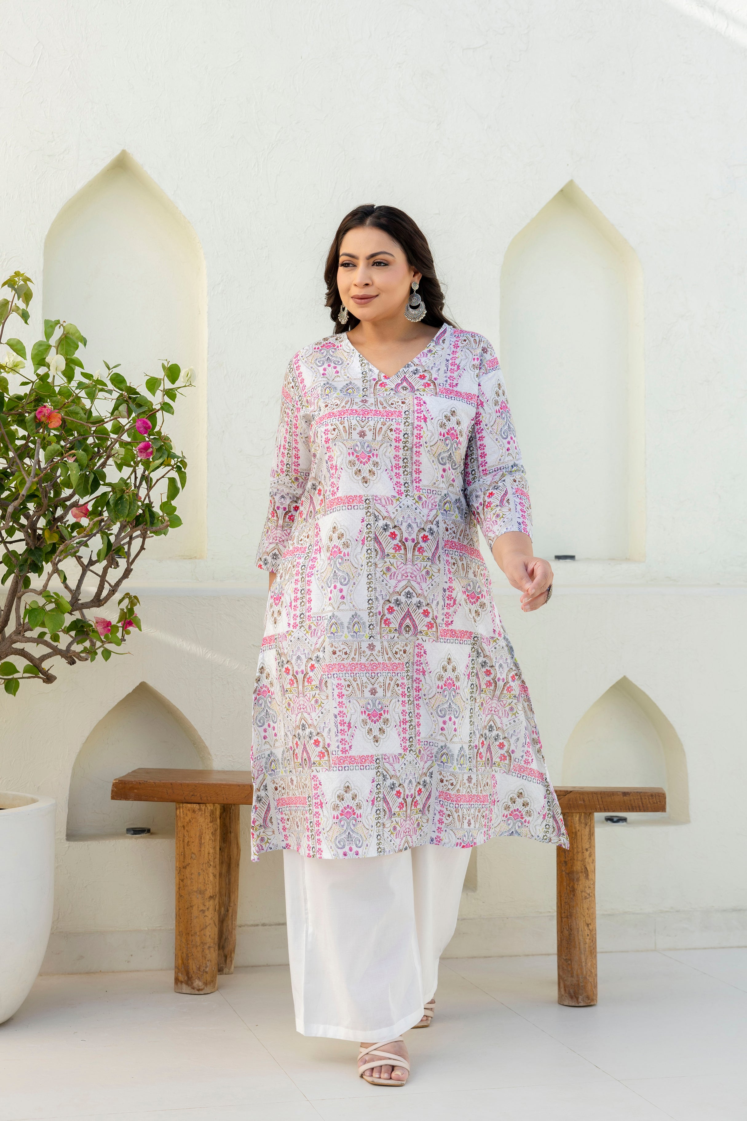 White & Pink Floral Printed Kurta Palazzo Set