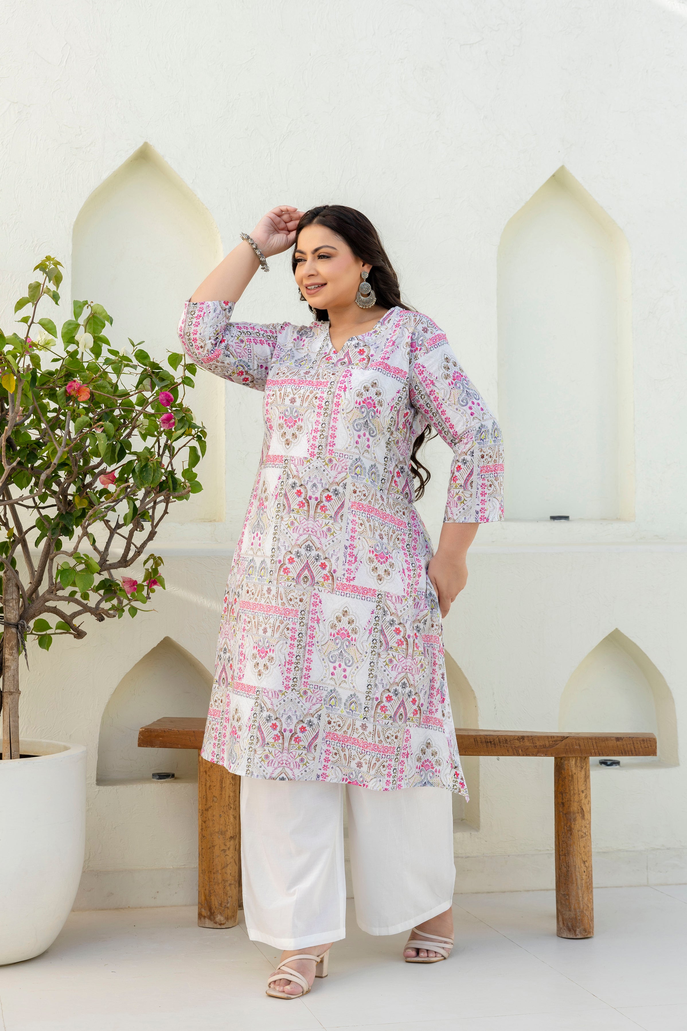 White & Pink Floral Printed Kurta Palazzo Set