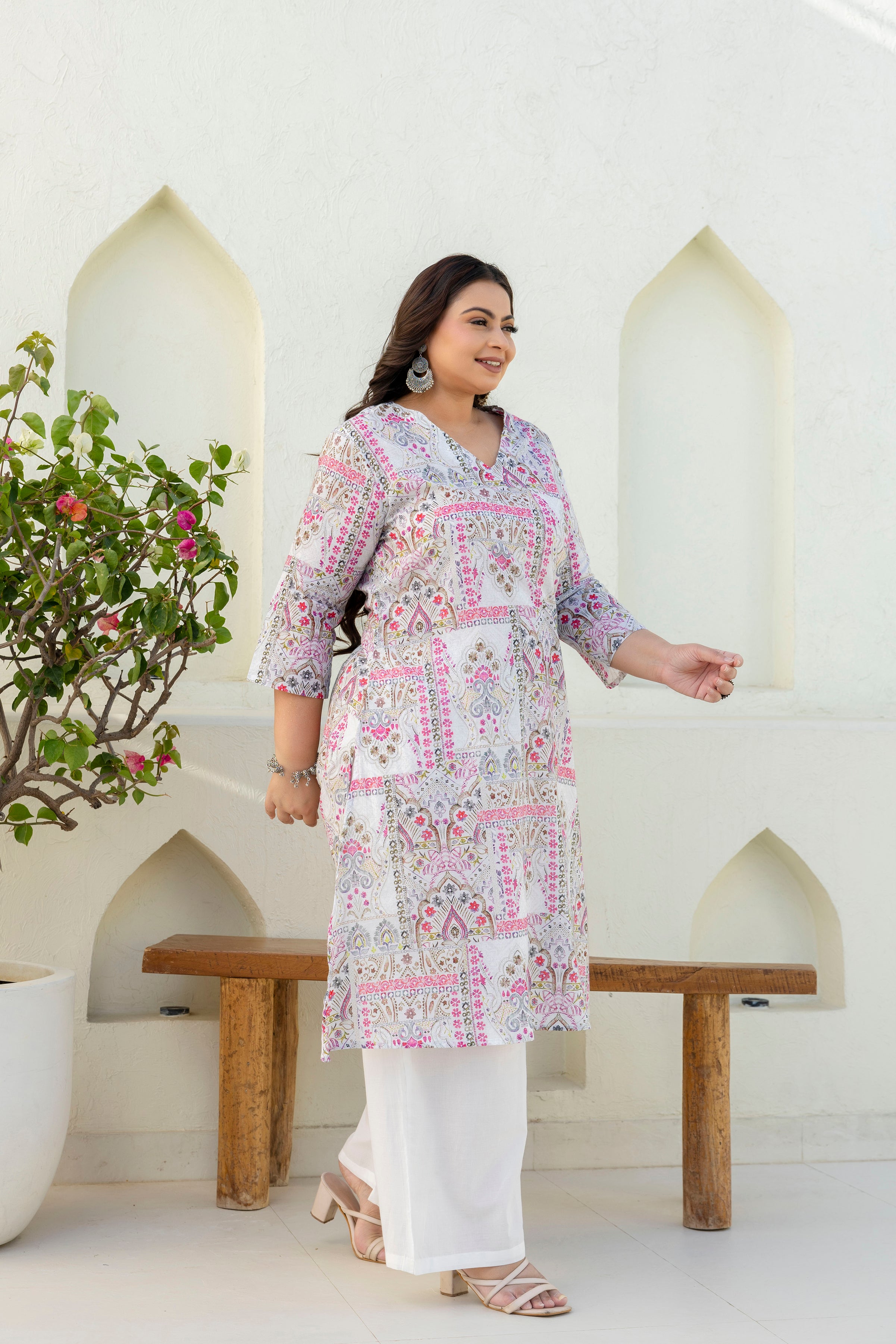White & Pink Floral Printed Kurta Palazzo Set
