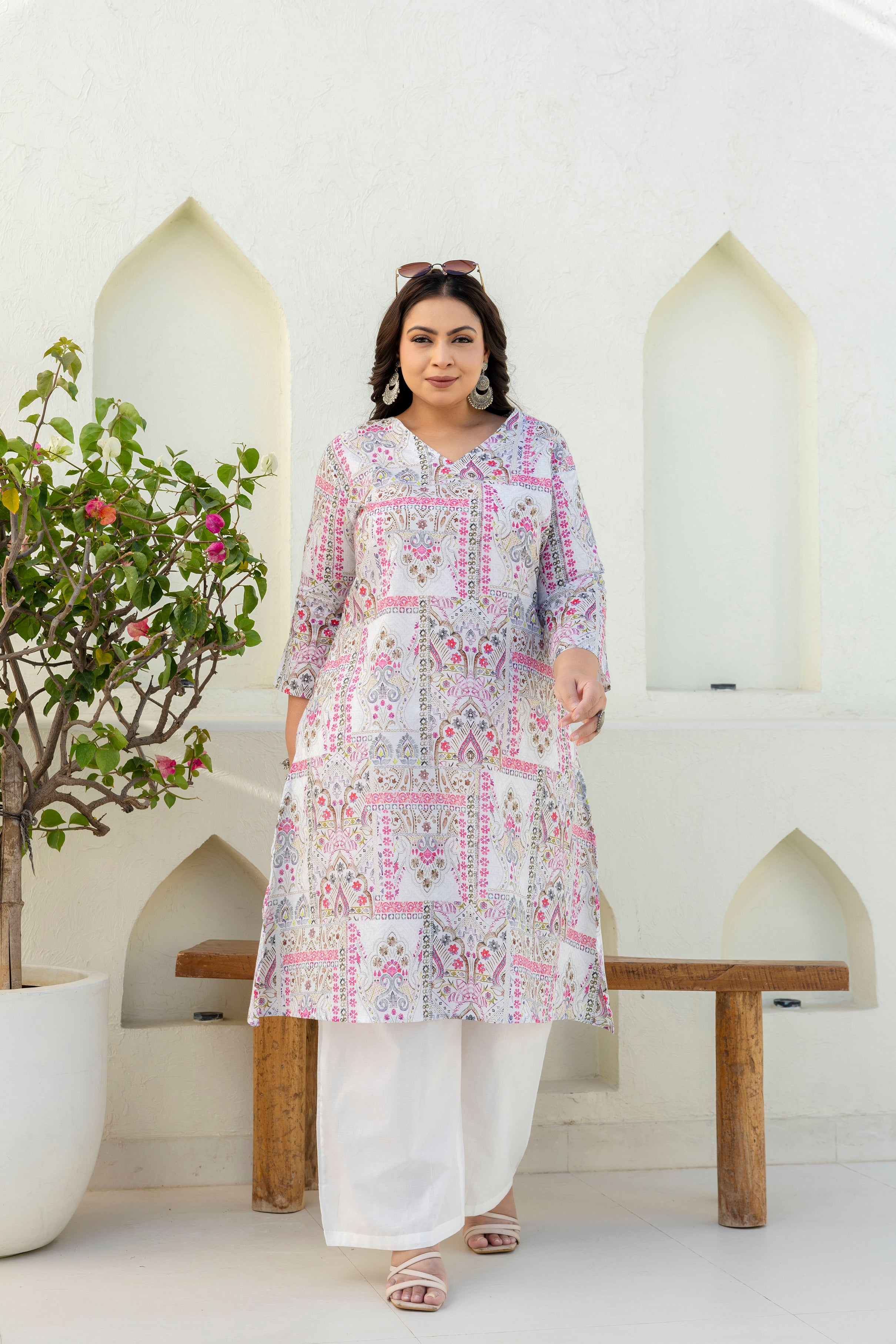 White & Pink Floral Printed Kurta Palazzo Set