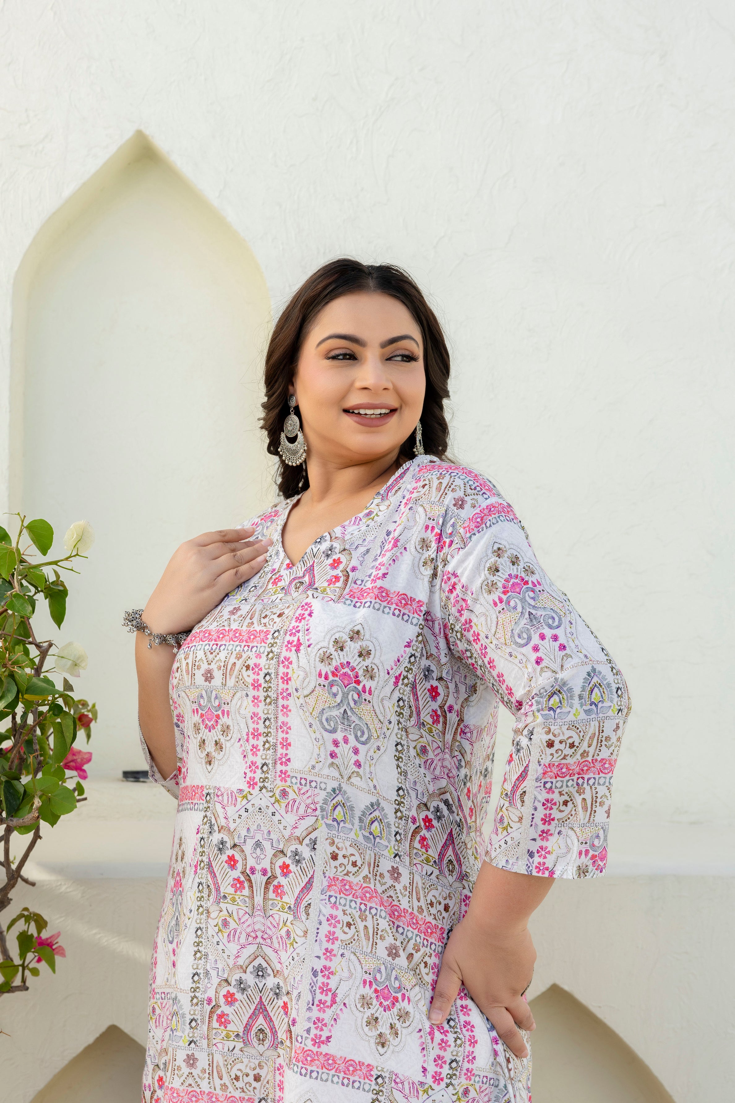 White & Pink Floral Printed Kurta Palazzo Set
