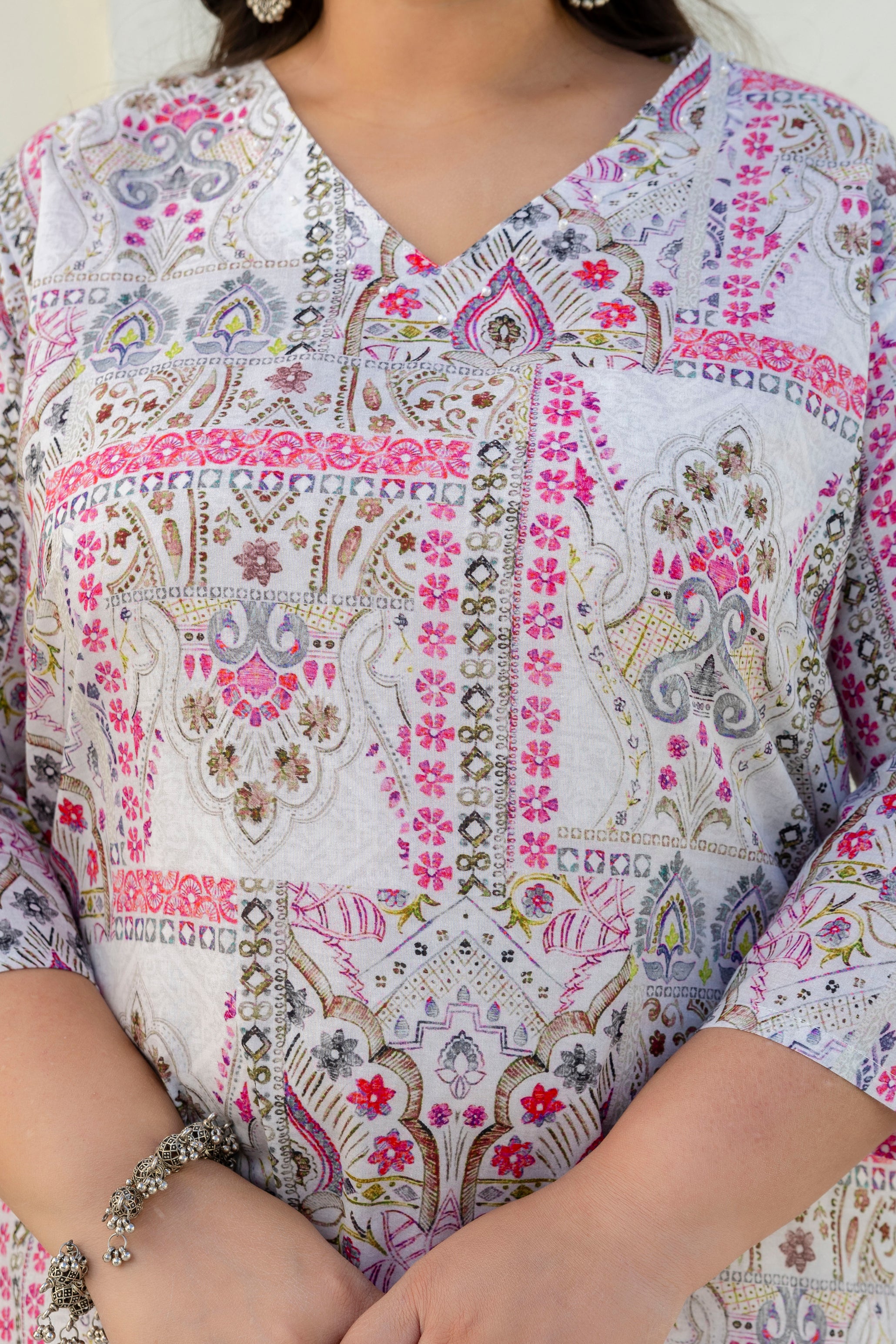 White & Pink Floral Printed Kurta Palazzo Set