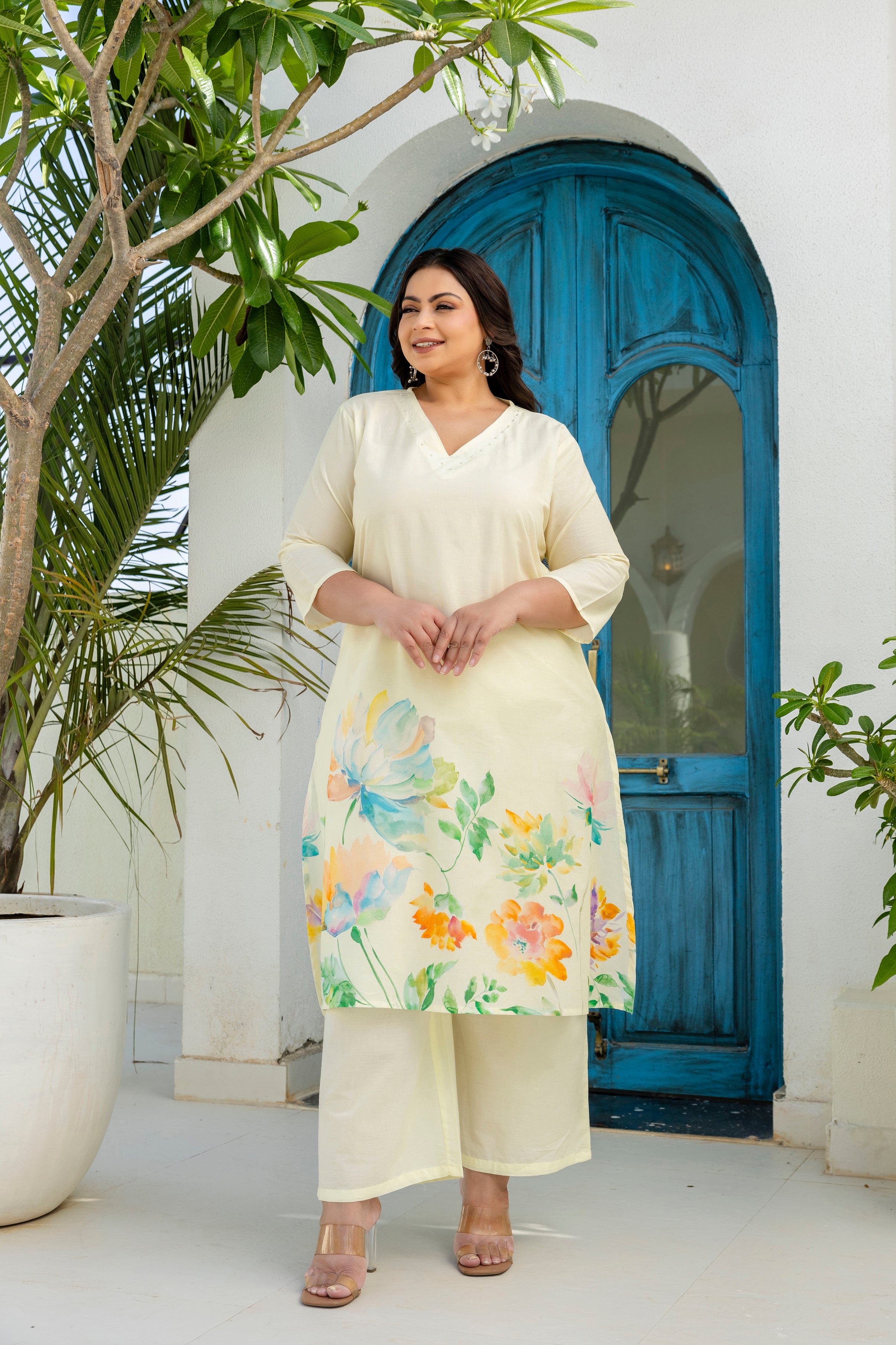 Cream Floral Kurta Palazzo Set