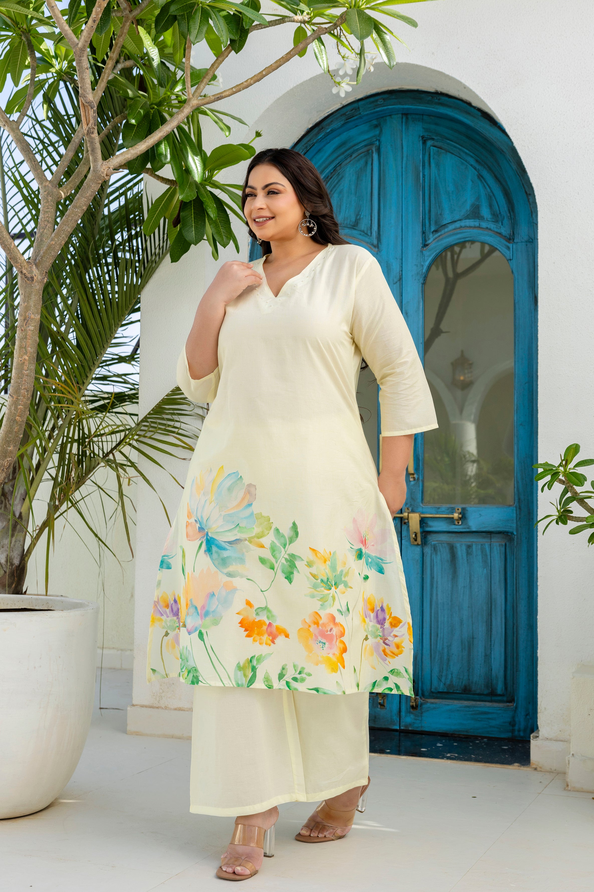 Cream Floral Kurta Palazzo Set