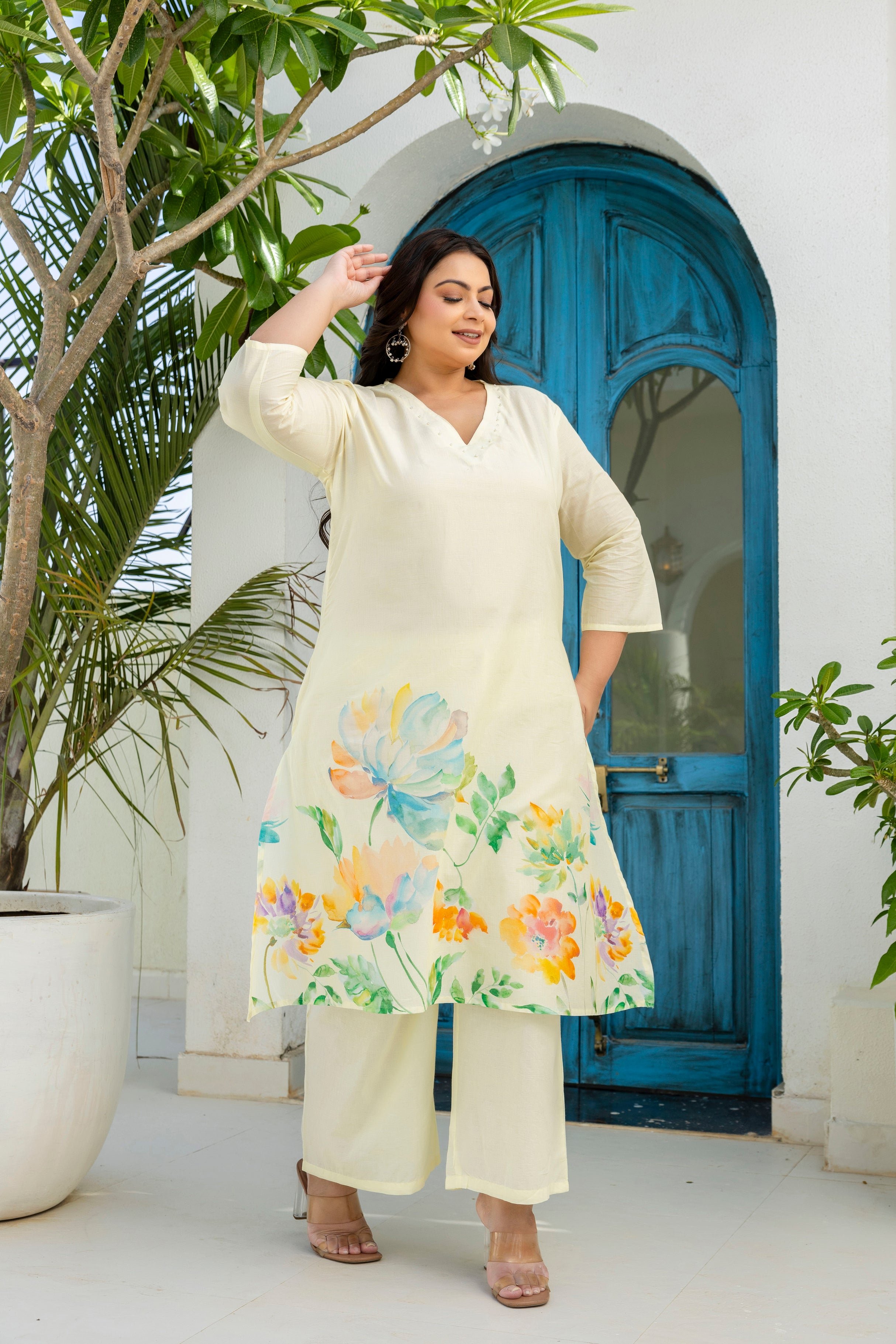 Cream Floral Kurta Palazzo Set