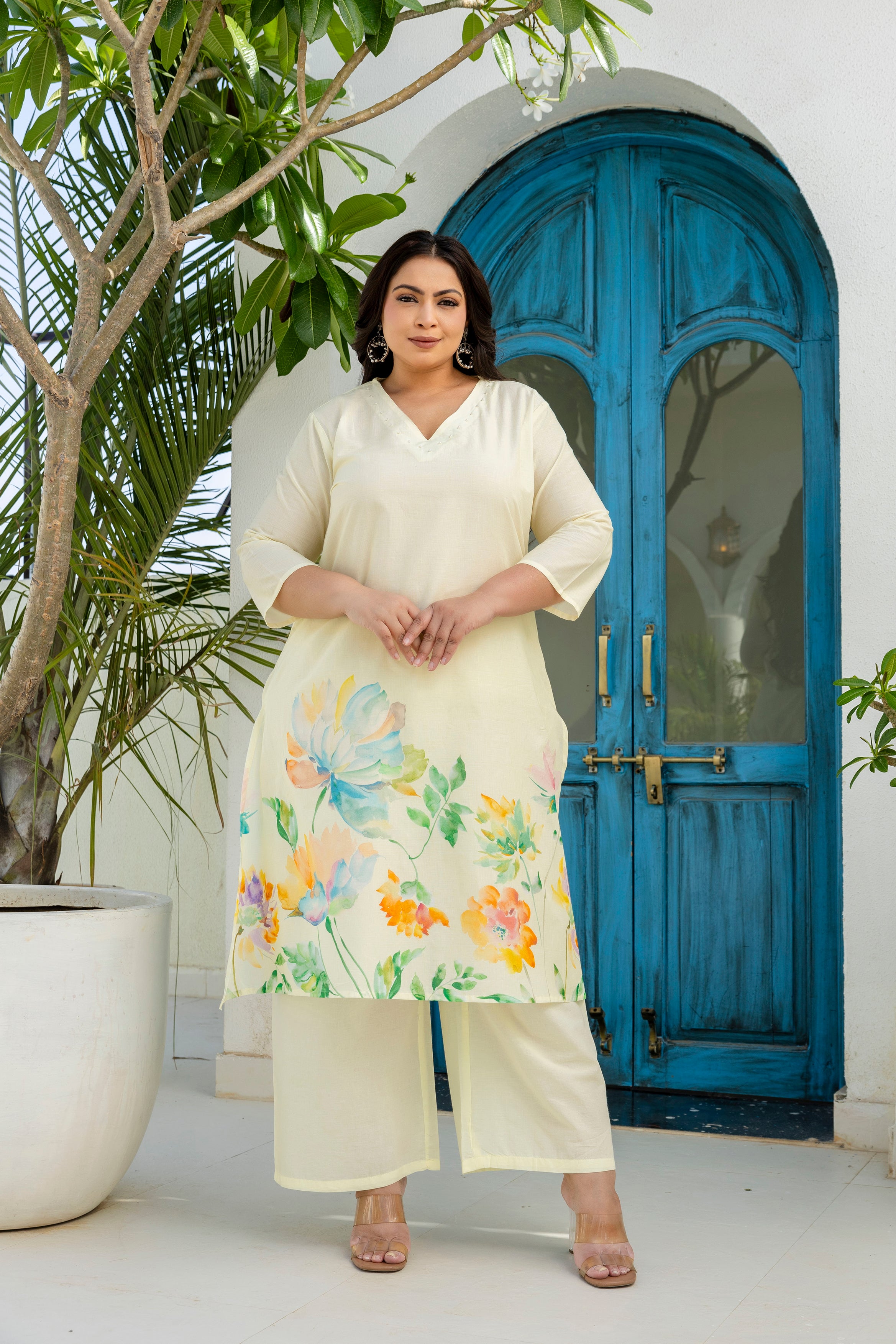 Cream Floral Kurta Palazzo Set