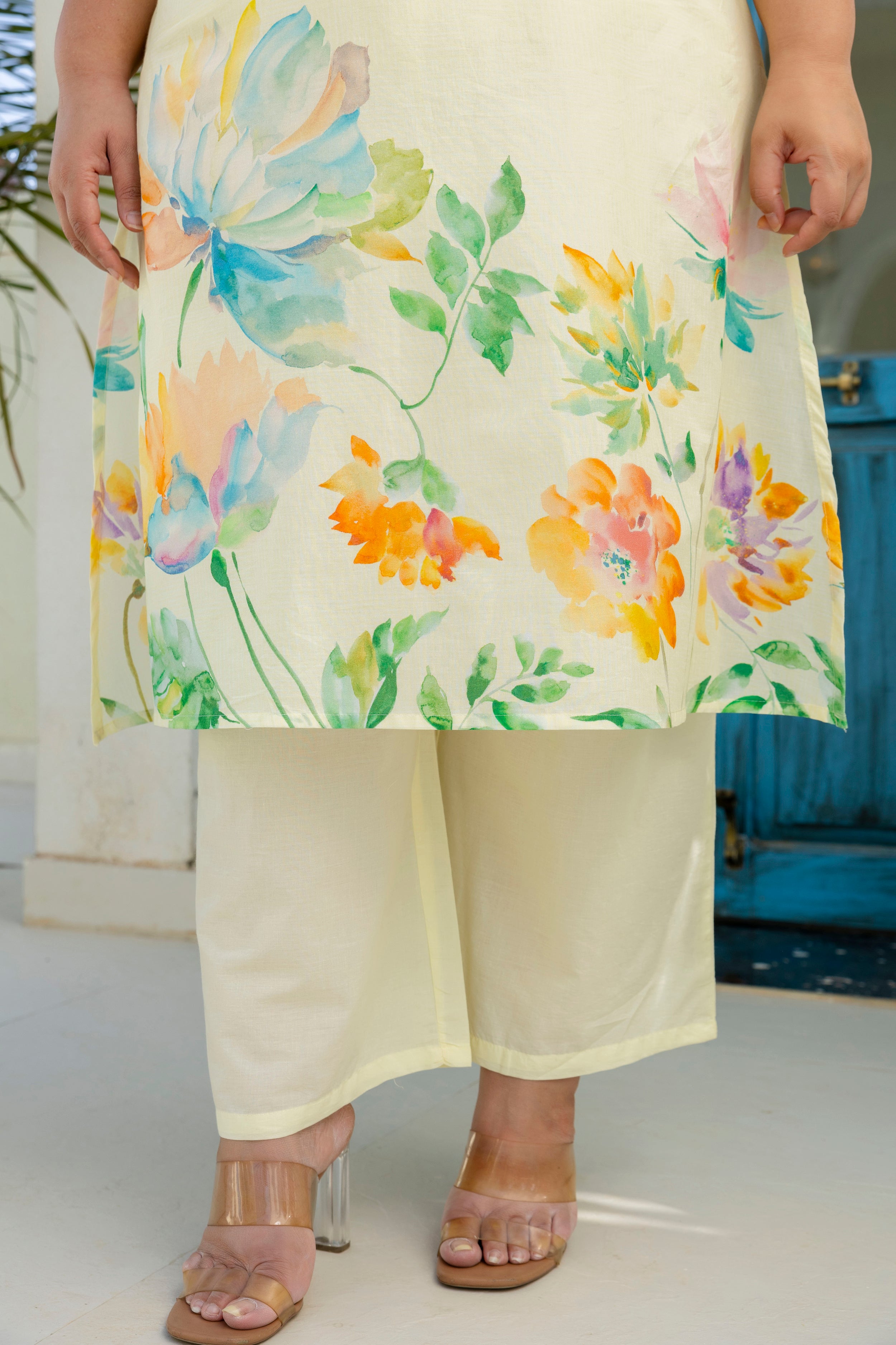 Cream Floral Kurta Palazzo Set